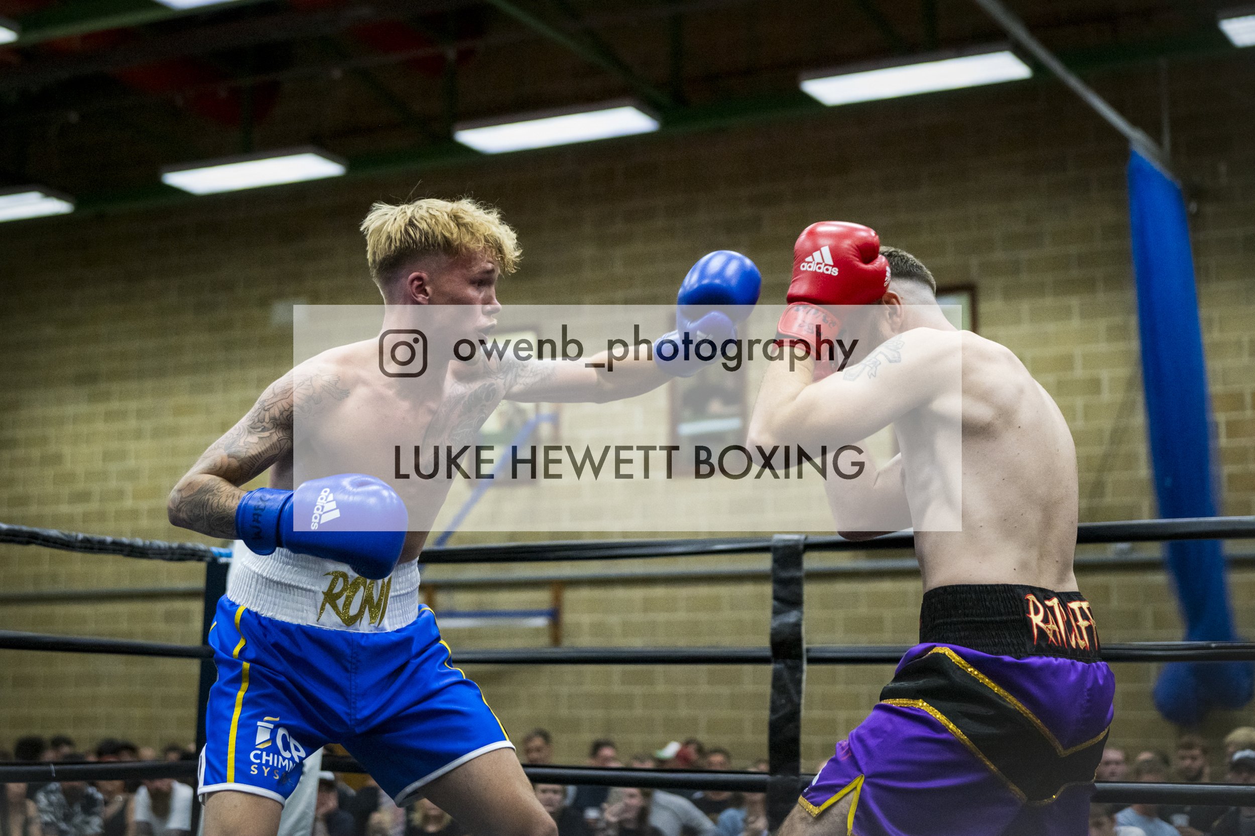 Two male boxers in a boxing ring, one delivering a punch to the other. The boxer on the left has blonde hair, tattoos, and is wearing blue gloves and shorts. The boxer on the right has dark hair, tattoos, and is wearing red gloves and black and purpl