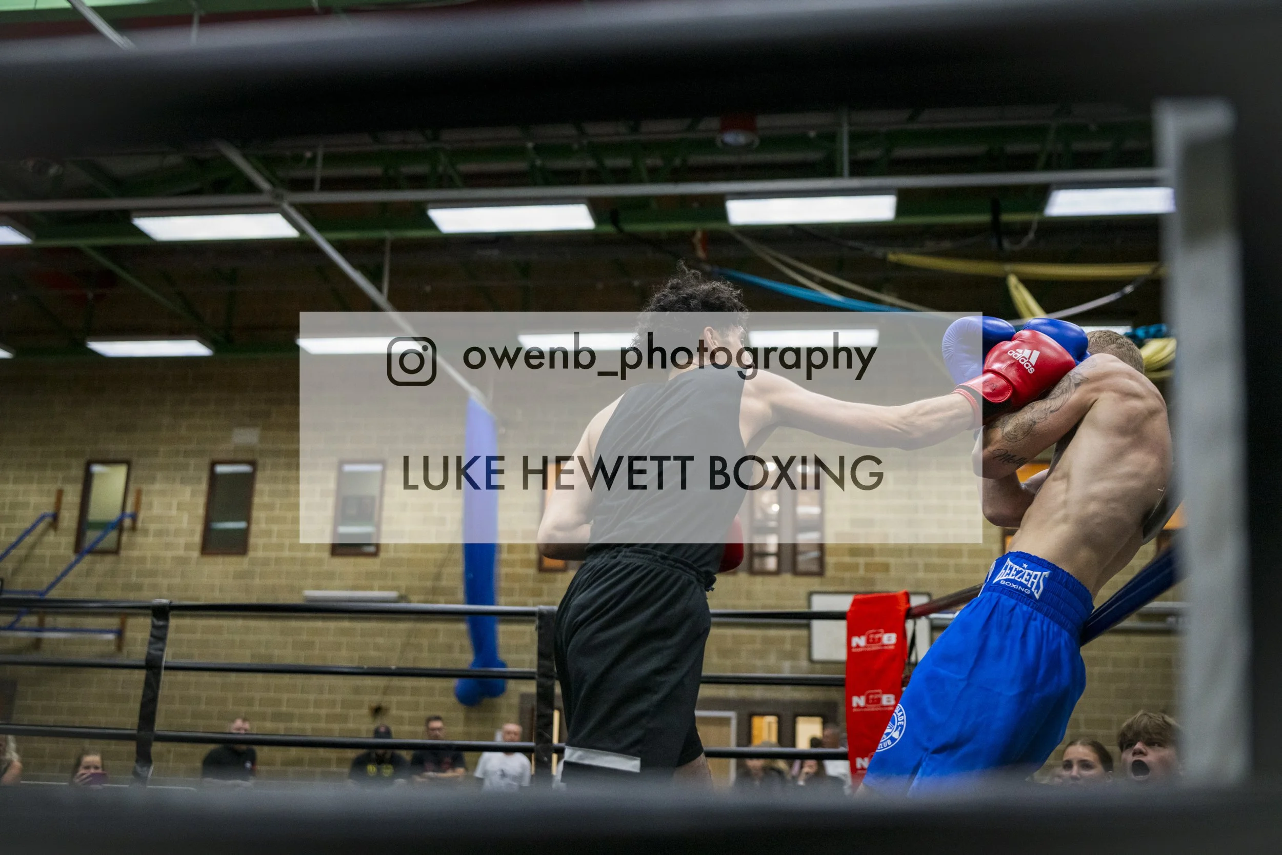 Two men boxing in a gym, one wearing red gloves and the other blue gloves, with spectators watching in the background.