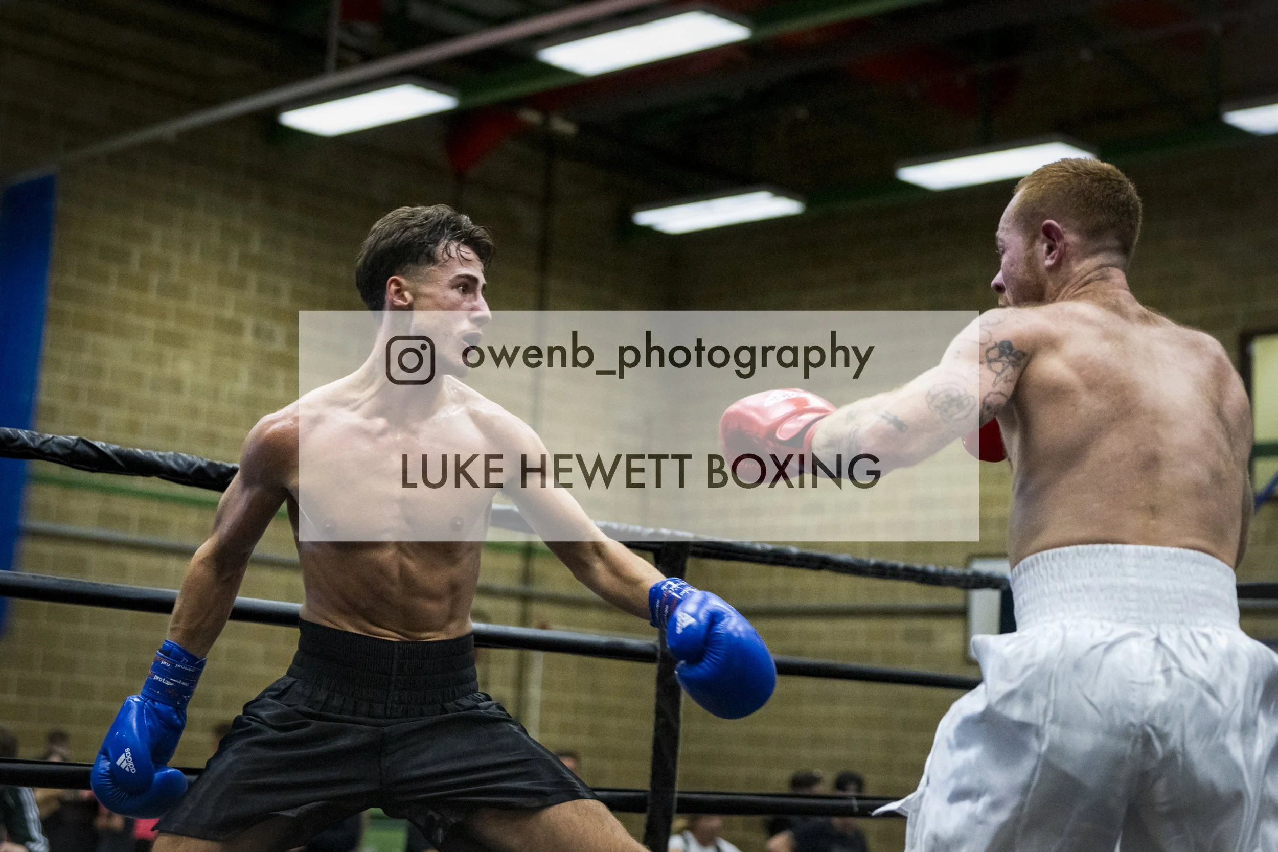 Two shirtless male boxers in gloves exchange punches inside a boxing ring during a match, with a blurred audience in the background.