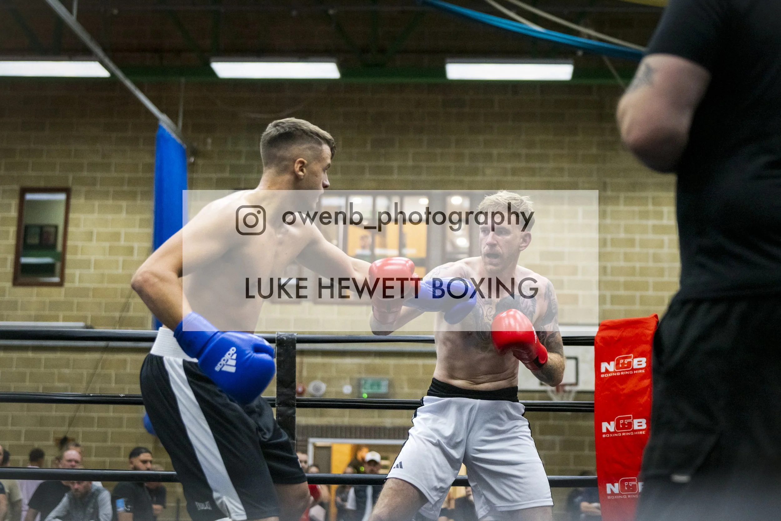 Two shirtless male boxers with gloves training in a boxing ring while a referee observes. One boxer has a Mohawk hairstyle, and the other has short, light-colored hair. The background shows spectators, a brick wall, and gym equipment.