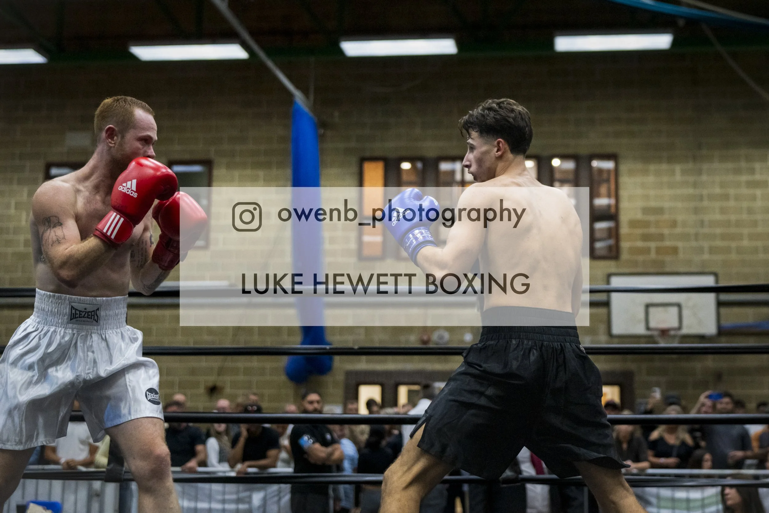 Two shirtless male boxers wearing gloves face off in a boxing ring, preparing to fight, with an audience in the background.
