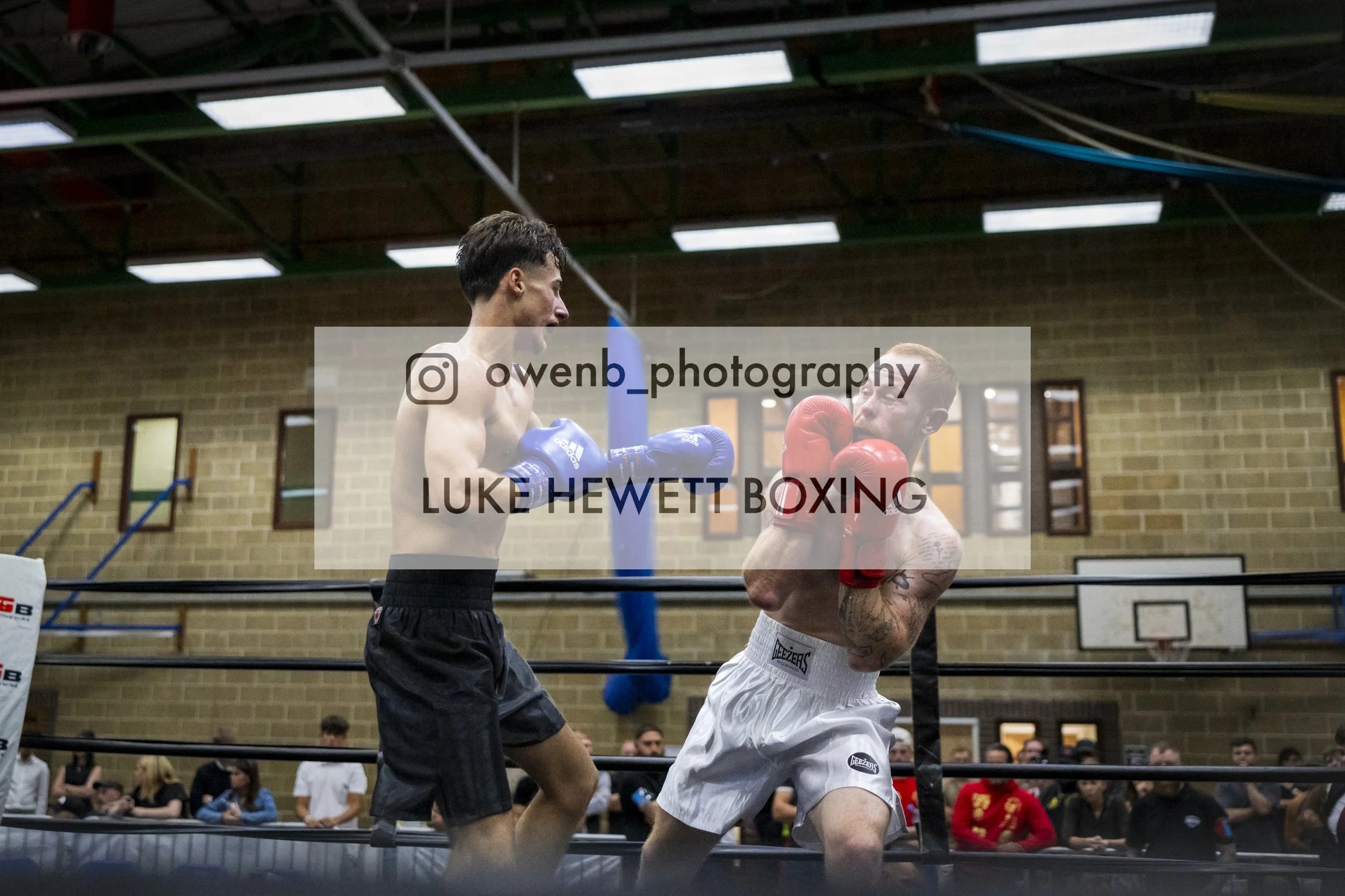 Two men are boxing in a ring at a gym, one wearing black shorts and blue gloves, the other wearing white shorts and red gloves. They are engaged in a close fight with spectators watching in the background.