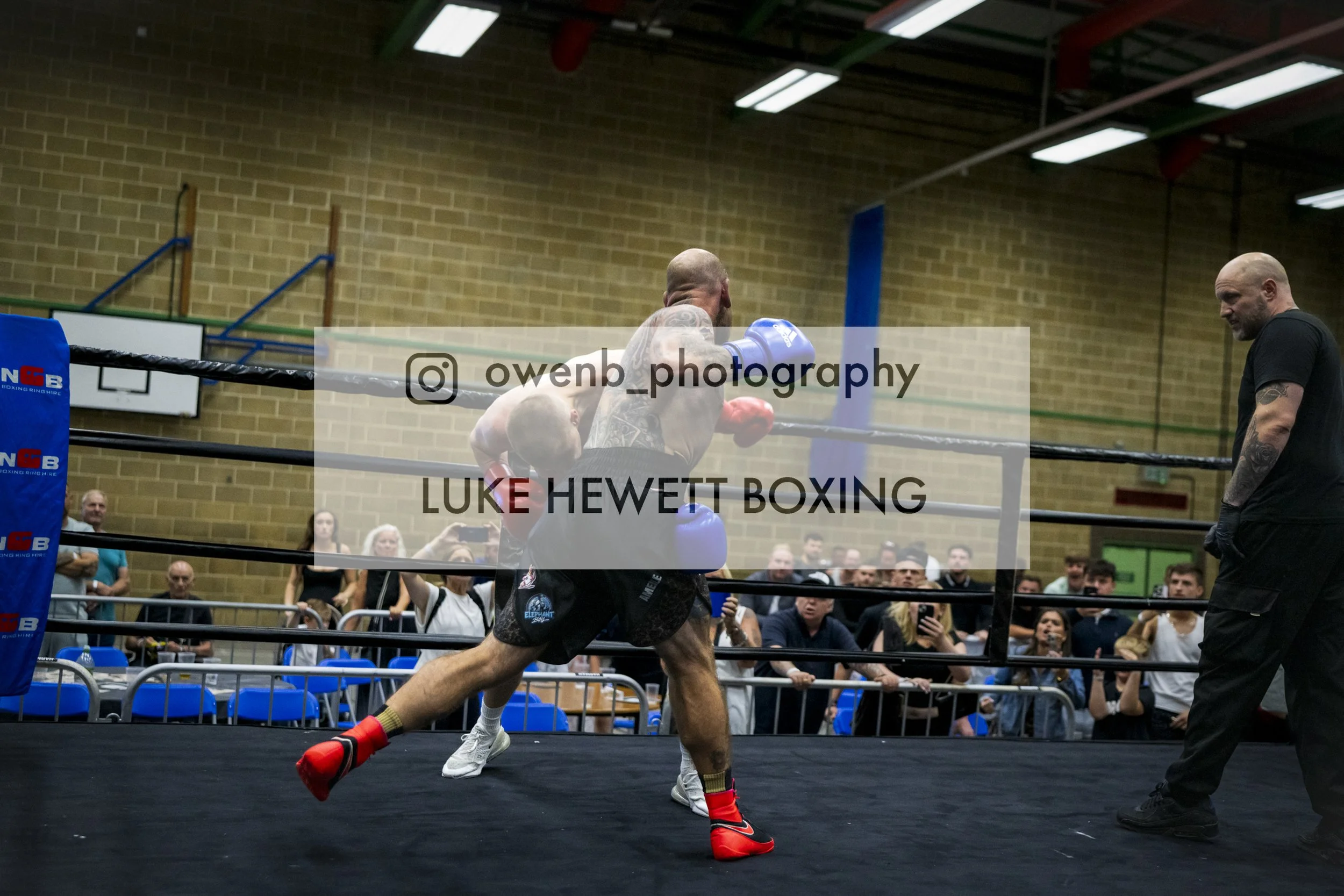 Boxers sparring in a ring with an audience watching in a gymnasium.