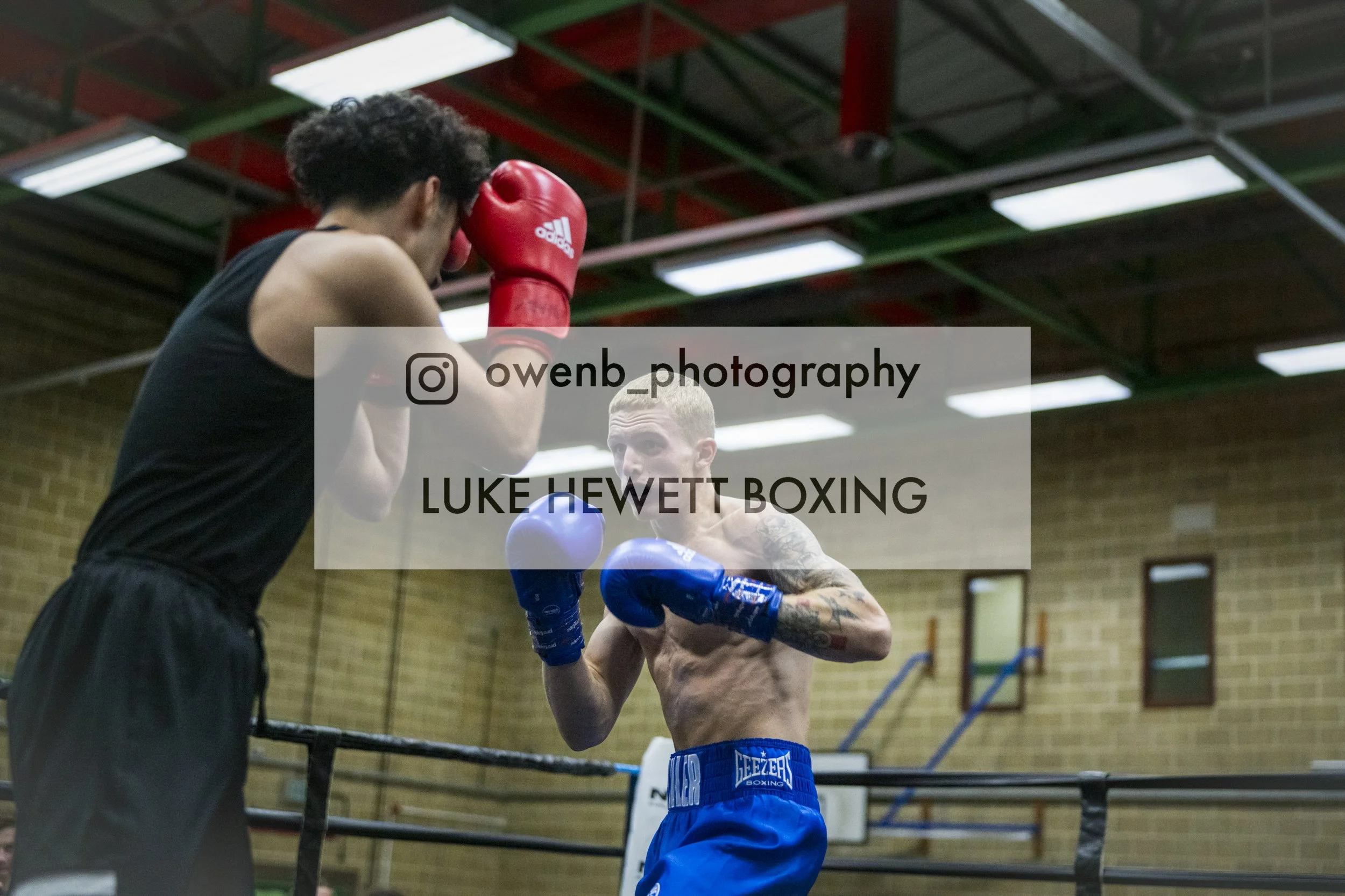 A boxer with tattoos in blue shorts practicing with a coach in a boxing gym. The boxer is wearing blue gloves and a cropped top, and the coach is in a black sleeveless shirt. The gym has a high ceiling with fluorescent lights and brick walls.