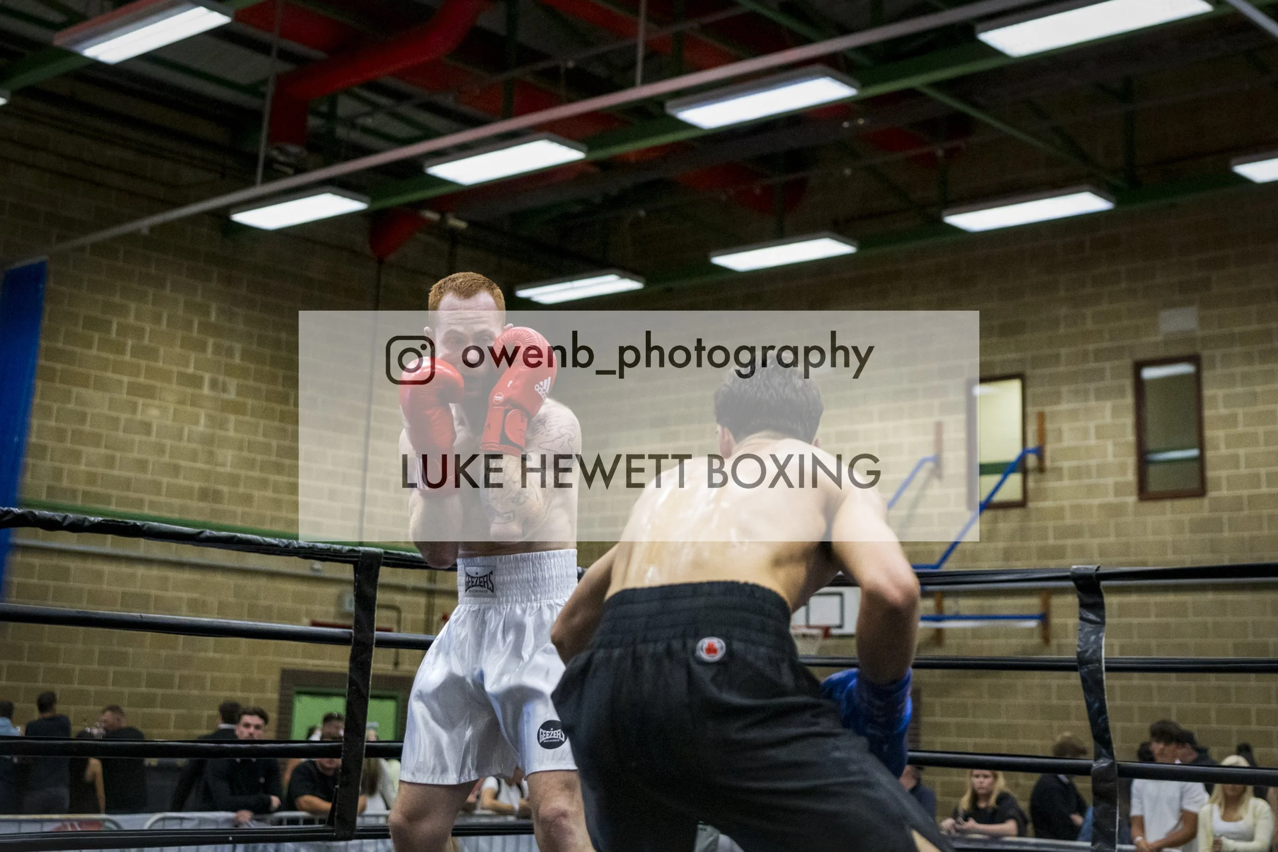 A boxer with red gloves and white shorts is throwing a punch at another boxer in black shorts inside a boxing ring in a gym with a brick wall and ceiling lights.
