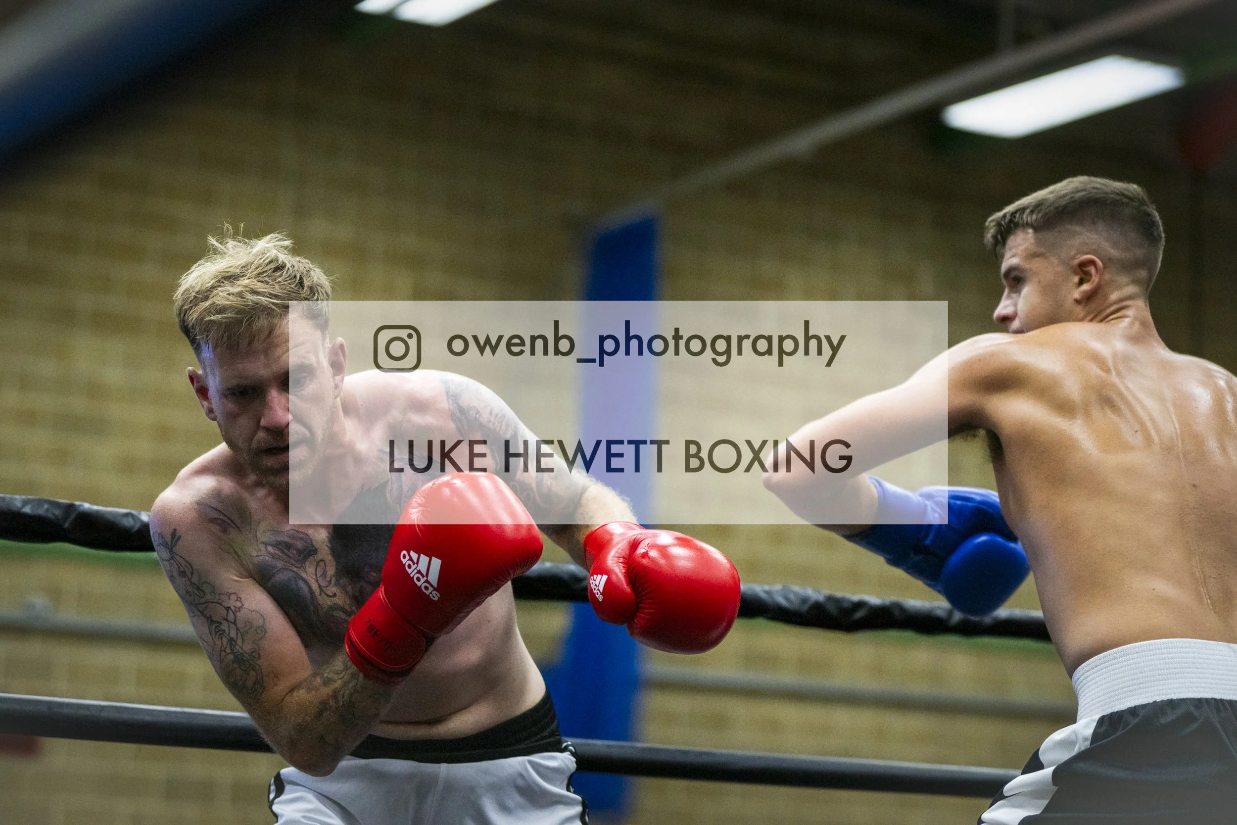 Two shirtless male boxers with gloves fighting in a boxing ring, one with blond hair and tattoos, the other with a fresh haircut and light skin, engaged in a punch exchange.