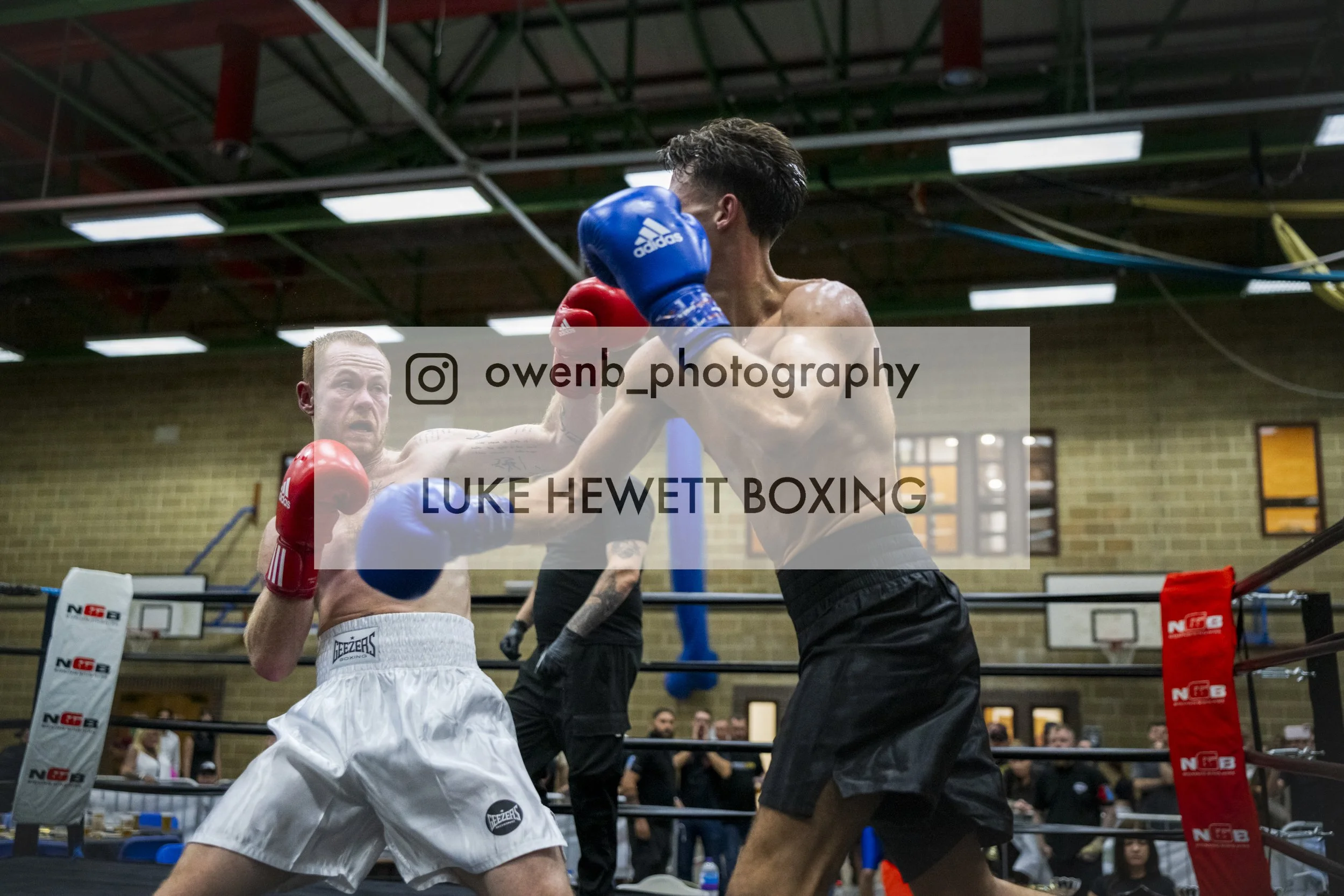 Two male boxers are fighting in a boxing ring, one wearing white shorts and red gloves, the other wearing black shorts and blue gloves, with a crowd watching behind them.