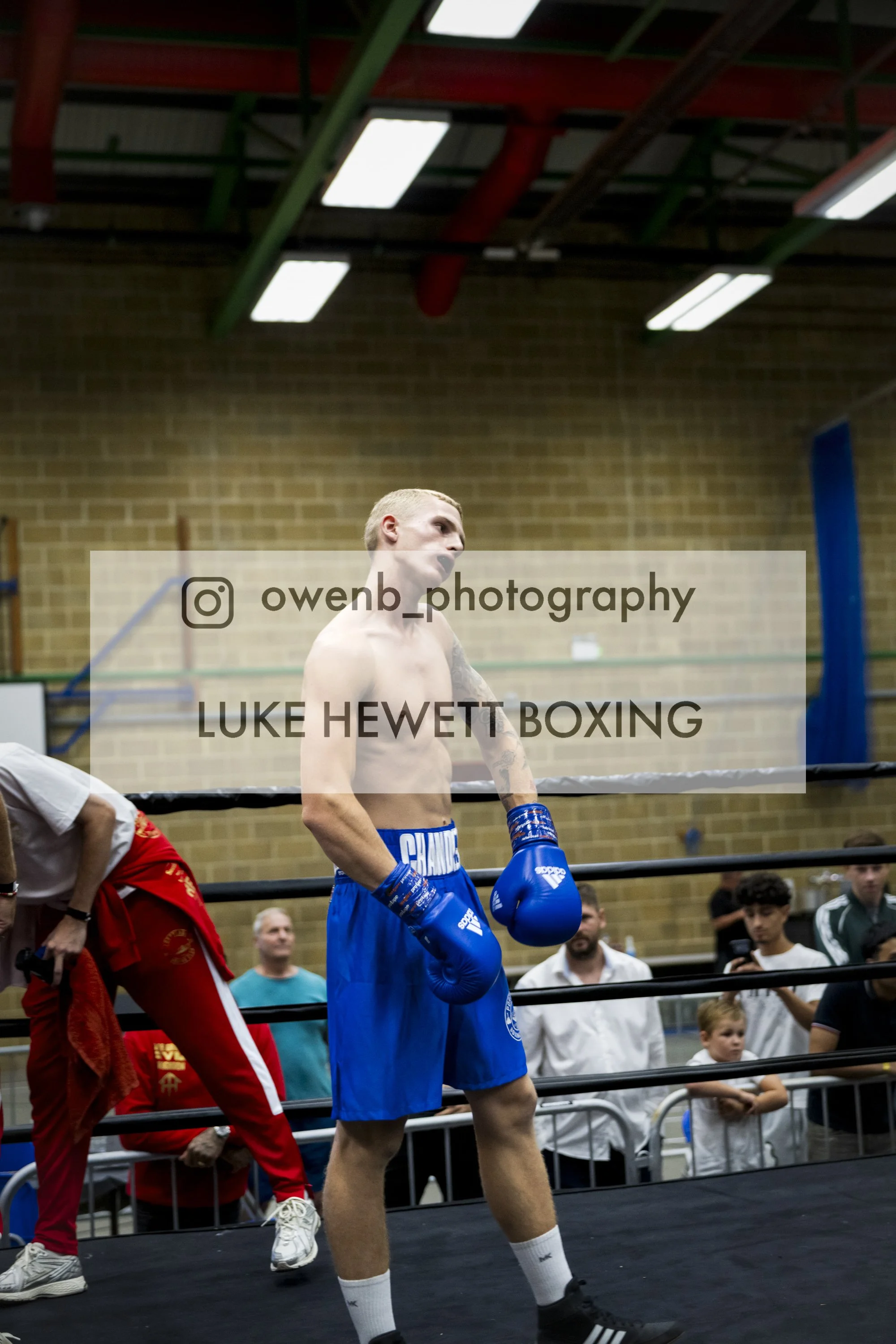 A shirtless male boxer wearing blue gloves and shorts standing inside a boxing ring, surrounded by people, with a brick wall and ceiling lights in the background.
