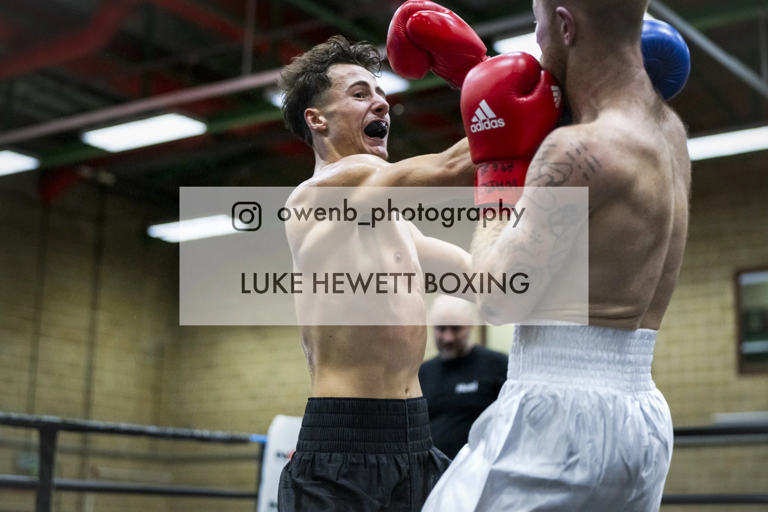 Two men sparring in boxing, one wearing red gloves and the other blue, inside a gym with wooden walls and overhead lighting.