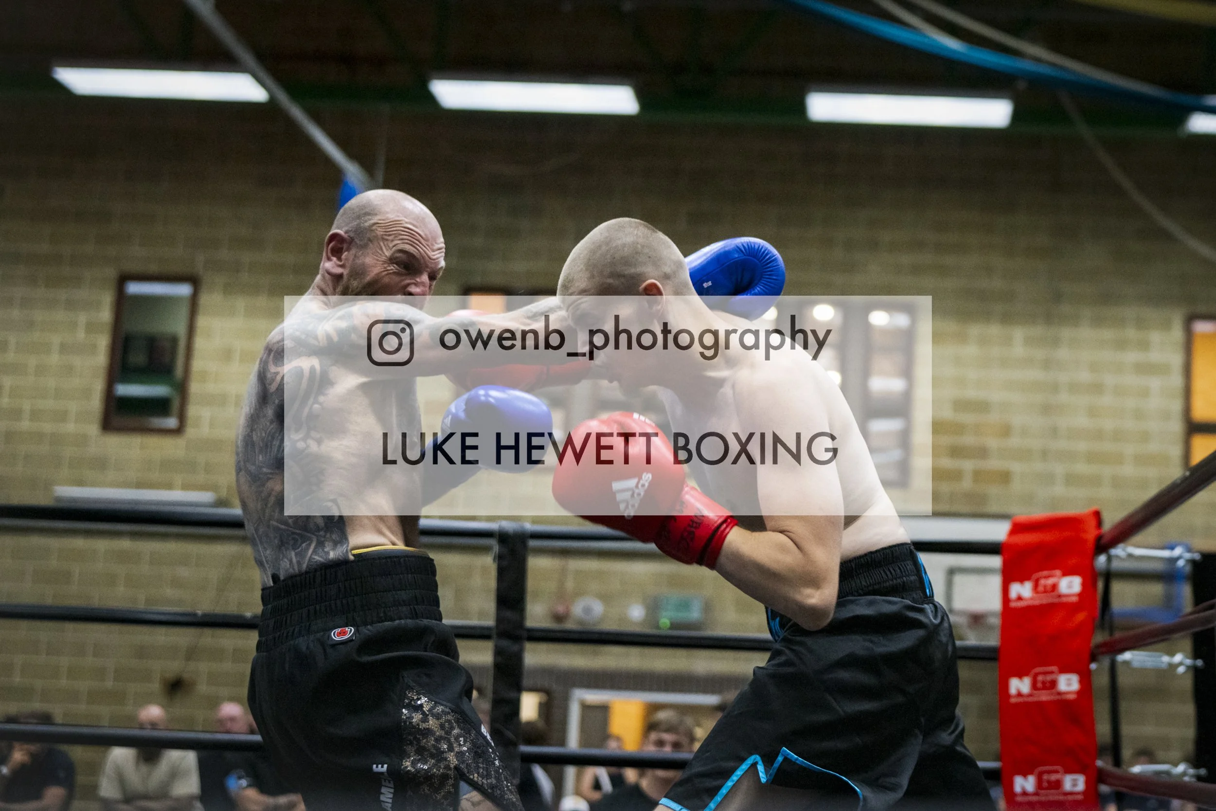 Two male boxers sparring in a boxing ring, one with a bald head and the other with a shaved head, both wearing boxing gloves and black shorts, with a referee or trainer nearby.