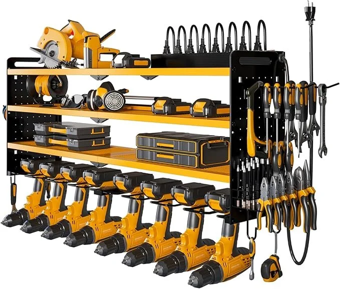 NattyDot Power Tool Organizer Wall Mount with Charging Station,Cordless Tool Organizer 8 Drill Holder, 4 Layer Storage Rack for Garage Organization,Tool Holder with 8 Outlet Power Strip(Yellow)