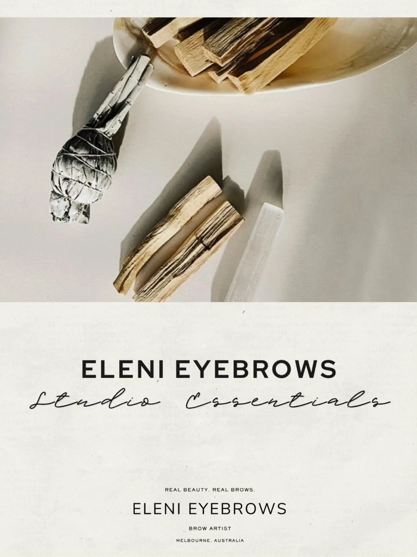 Aside from my tools&hellip; these are the quiet essentials.

Smoke to reset the space.
Wood to ground the ritual.
Crystal to keep the energy clean.

It&rsquo;s never just brows&mdash;it&rsquo;s the feeling you leave with.

#elenieyebrows #studioessen