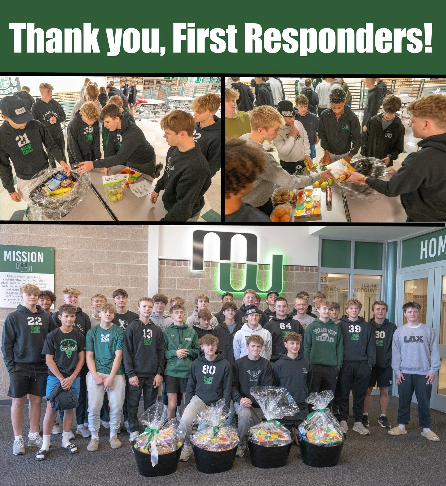 Our Wildcats spent part of their day giving back.

Today, the Millard West Lacrosse team assembled festive food baskets filled with goodies and snacks generously donated by our families. The boys then delivered them to some of our area&rsquo;s first 
