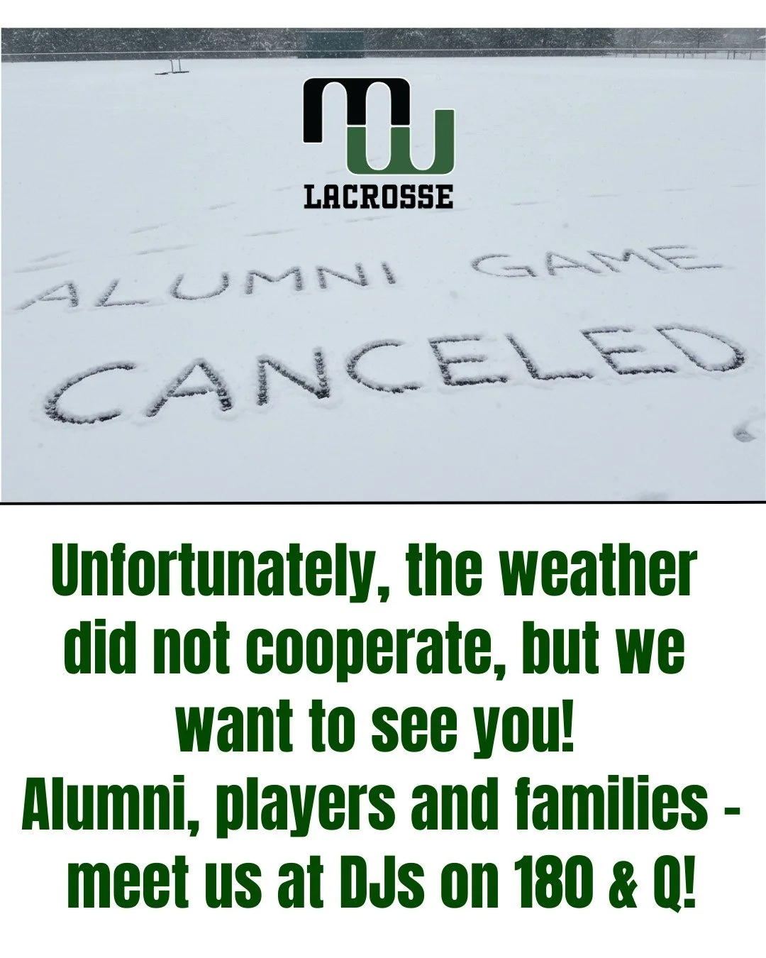 Mother Nature was not our friend this weekend, but we still want to see our alumni, players, and families! Join us at DJ&rsquo;s at 11:00 to warm up, reminisce, and celebrate this amazing Wildcat community. 💚🥍