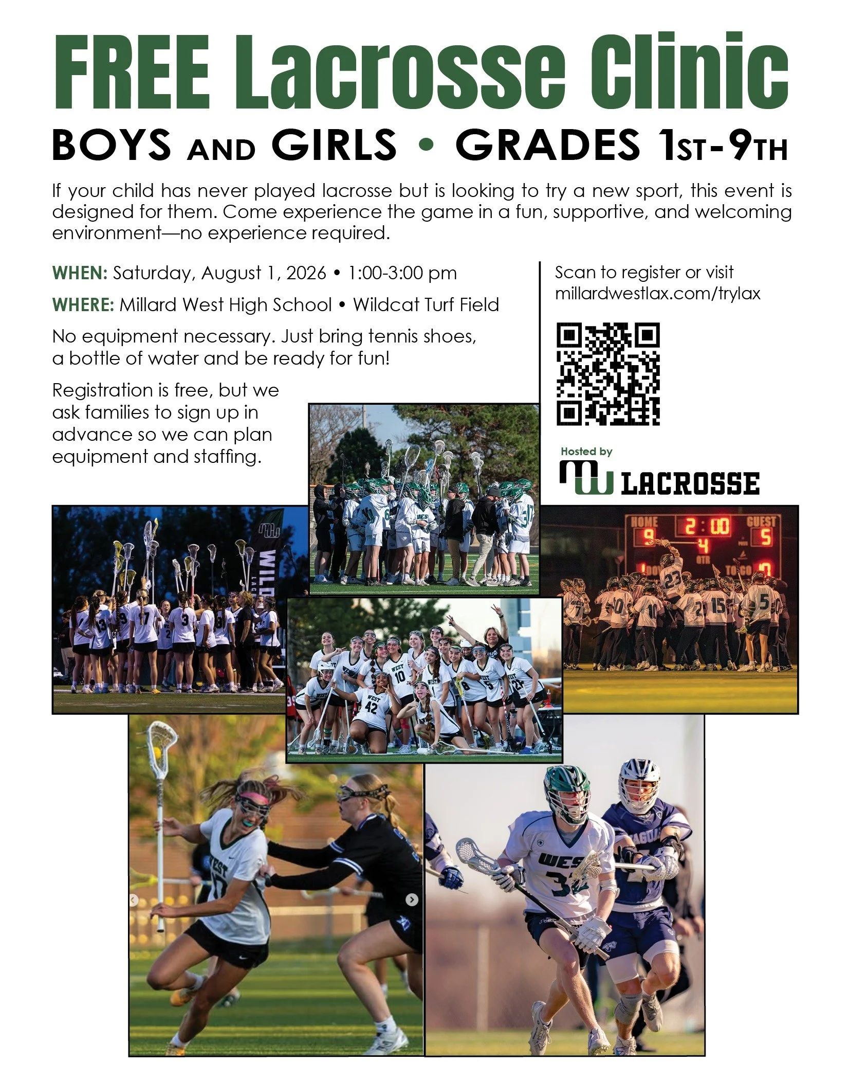 Do you know a kid looking to try a new sport? This is a great opportunity to give lacrosse a shot! MillardWestLax.com/TryLax