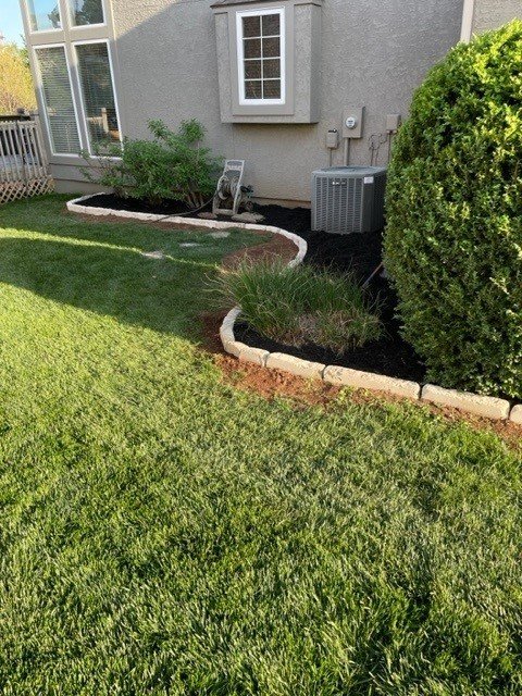 3 1/2" x 8" Tumbled Cottonwood blocks (used as edging) and Mystic Black Mulch