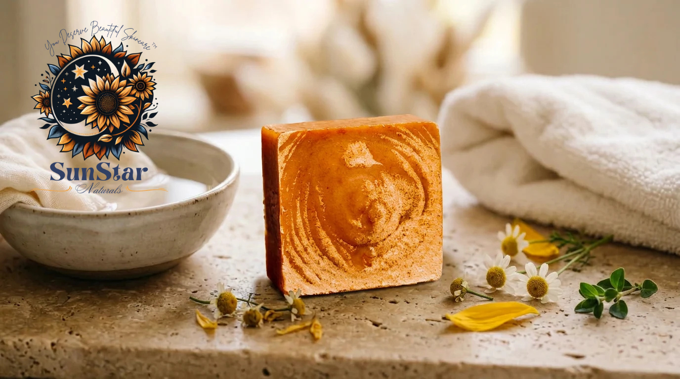 A bar of facial soap, a white bowl with a cloth inside, a white towel, and small yellow and white flowers on a beige surface.
