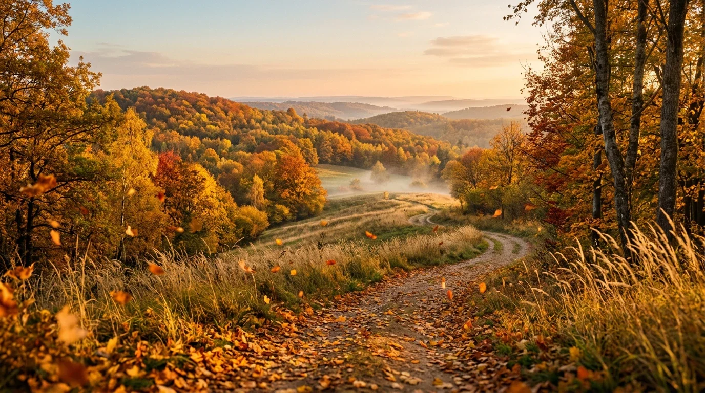 A dirt trail winding through a forested landscape during autumn, with trees displaying yellow, orange, and red leaves, and distant hills in the background.