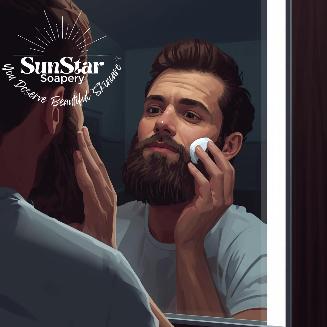 A man with a beard is grooming himself in front of a mirror, using a cotton pad on his face. The scene is reflected in the mirror, which shows his serious expression. The background is dark, and a logo for SunStar Soapery with the tagline 'You Deserve Beautiful Skincare' is in the upper left corner.
