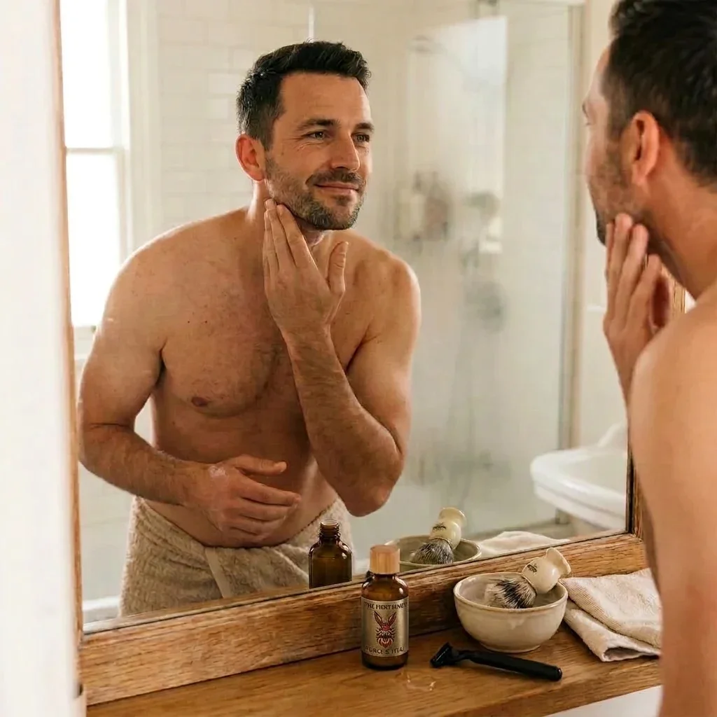 A man with a beard is grooming himself in front of a mirror, using a cotton pad on his face. The scene is reflected in the mirror, which shows his serious expression. The background is dark, and a logo for SunStar Soapery with the tagline 'You Deserve Beautiful Skincare' is in the upper left corner.