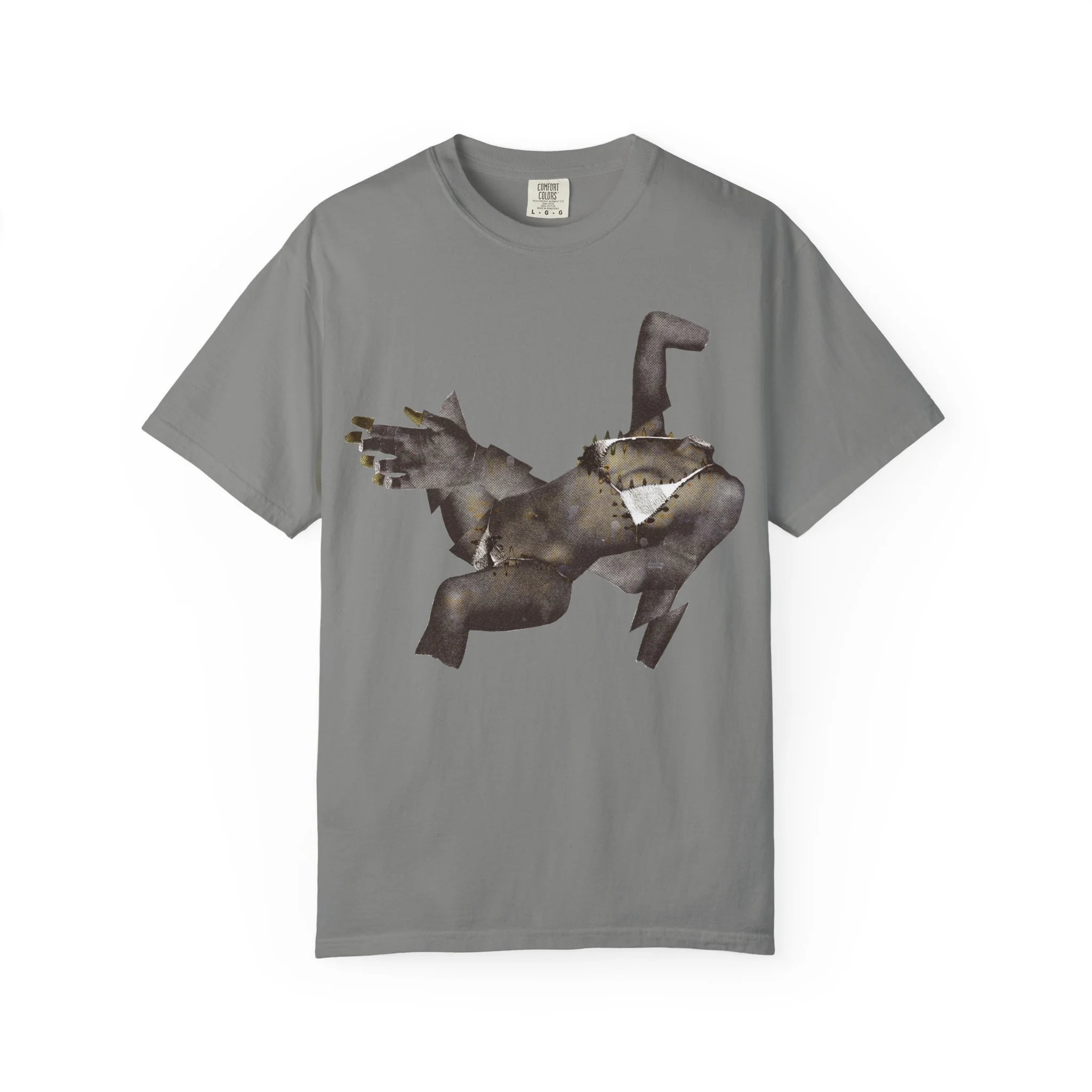 A lifestyle product shot of a unisex streetwear t-shirt featuring a surrealist mixed-media collage design of a fragmented gray female figure in a dynamic, expressive pose.