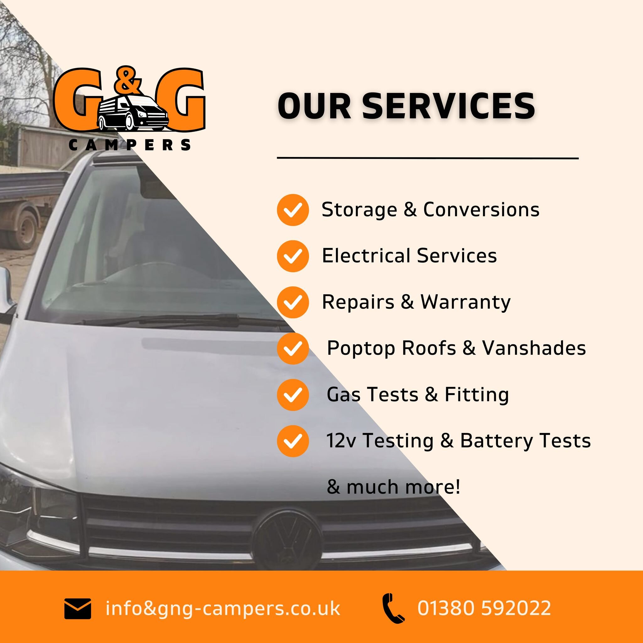 If you in need of any repairs, maintenance or fitting services, get in touch today 📲

There's a huge range of services that we offer, check out our stories for more information 🌟

📞 01380 592022
📧 info@gng-campers.co.uk
💻 New website coming soon