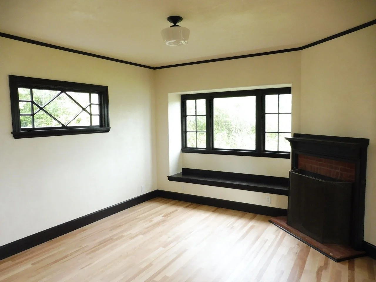 Restoration of historic windows, lime plaster walls and new birch hardwood flooring.