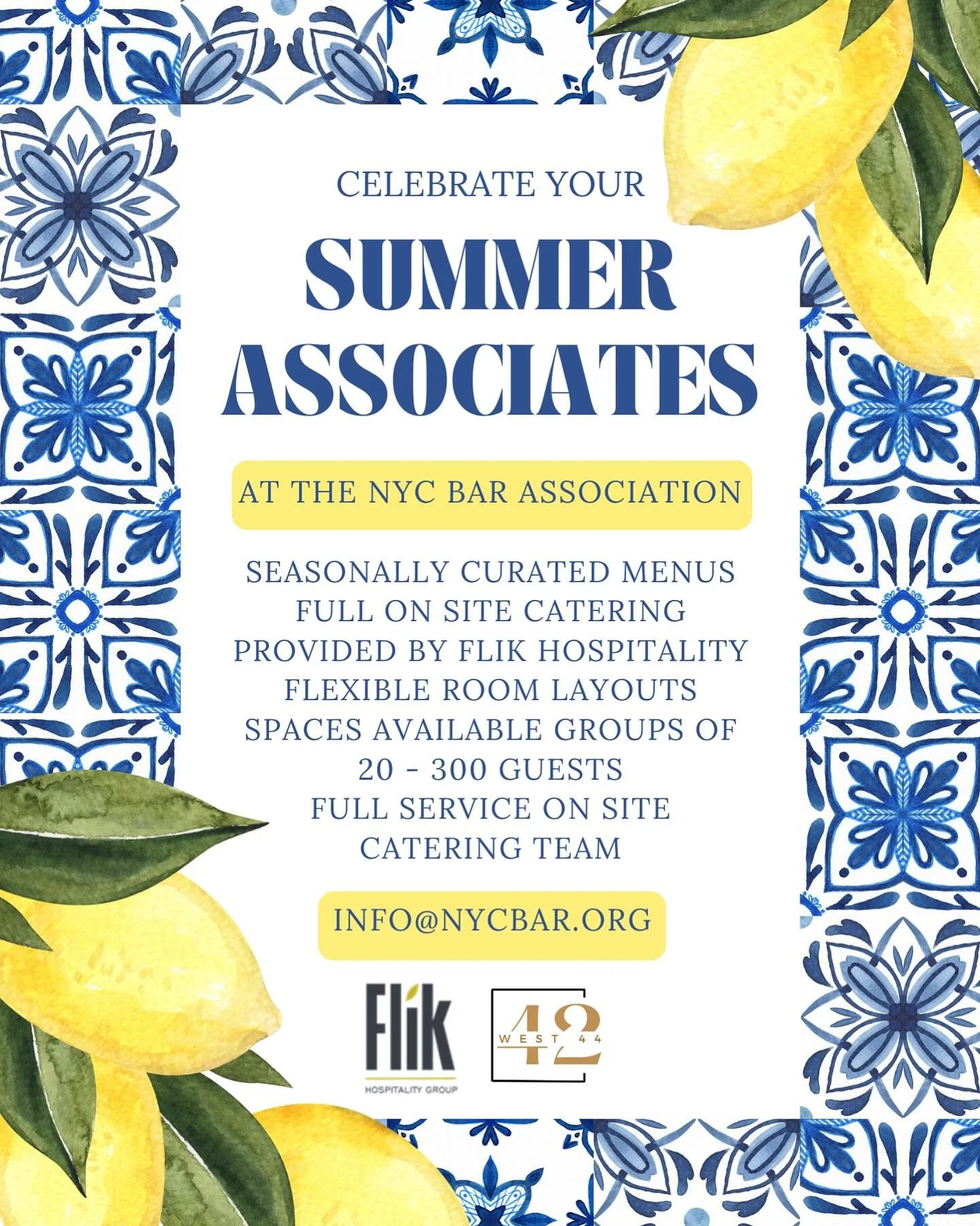 Looking for a fun way to celebrate your summer associates... bring them to us at the NYC Bar Association! We have spaces available for parties as low as 20, up to 300 guests. What better way to kick off summer! ☀️ 🍋 🌻🕶️