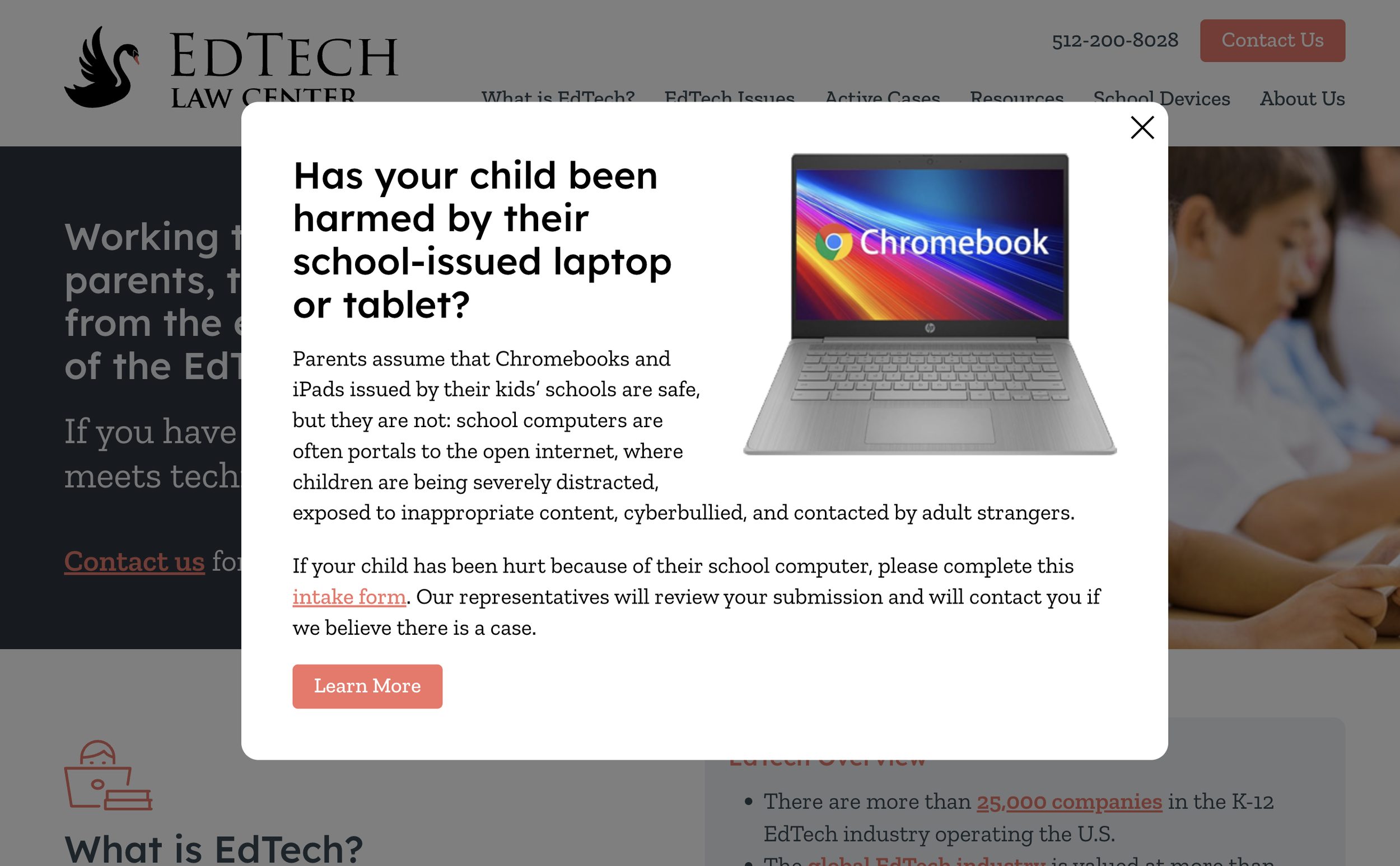 Screenshot of EdTech Law Center's pop-up window reading "Has your child been harmed by their school-issued laptop or tablet?" with instructions to contact them for potential litigation