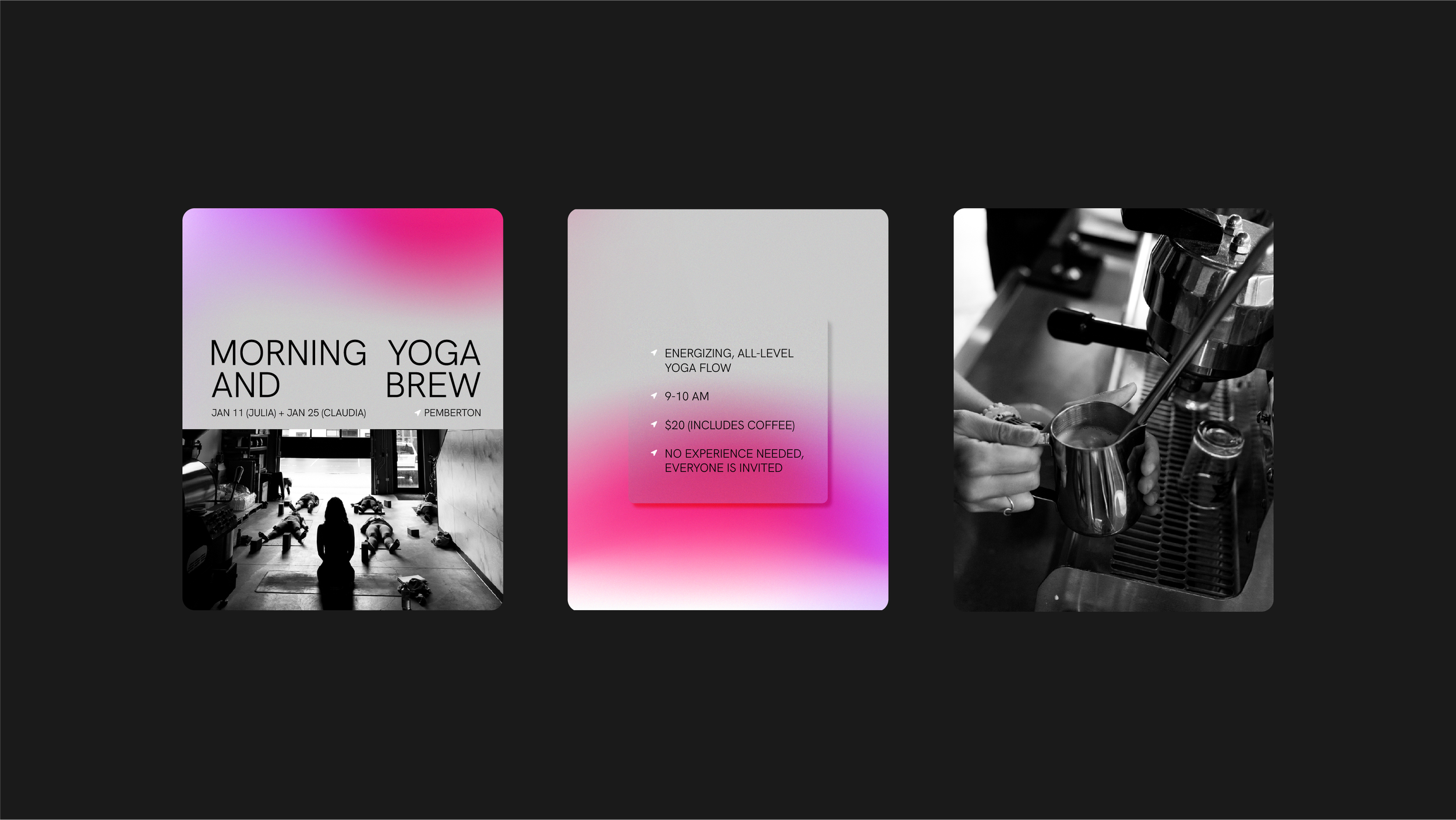 Three square graphics featuring a morning yoga and coffee event, including event details, gradient design, and a black and white coffee-making photo.