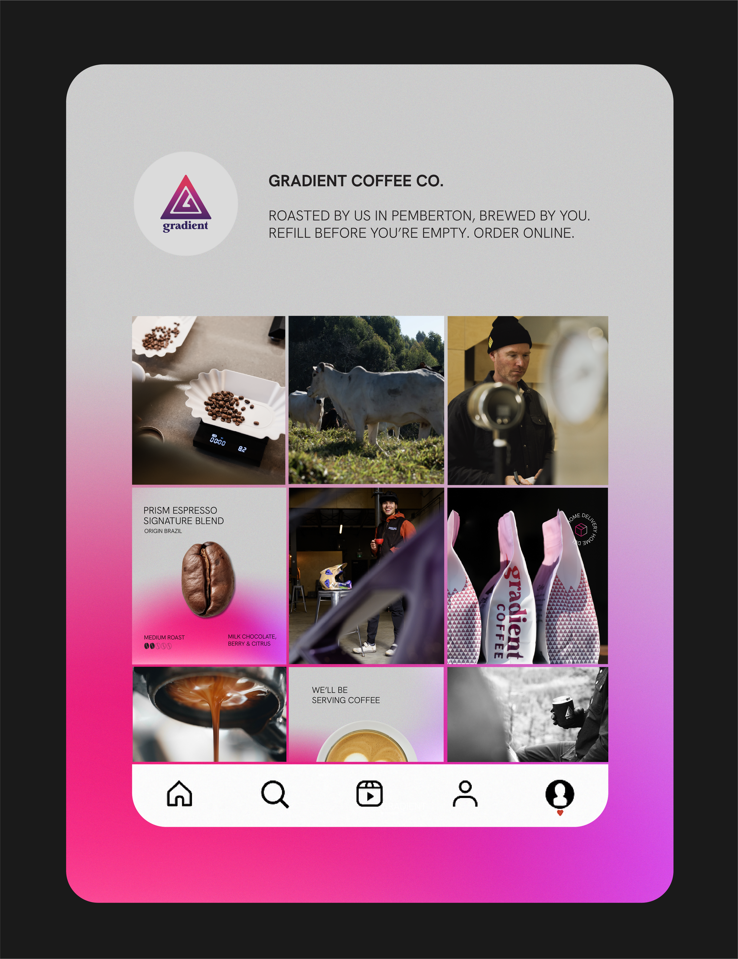 Mobile app screen showing Gradient Coffee’s Instagram grid with product shots, coffee process, and lifestyle imagery on a pink gradient background.