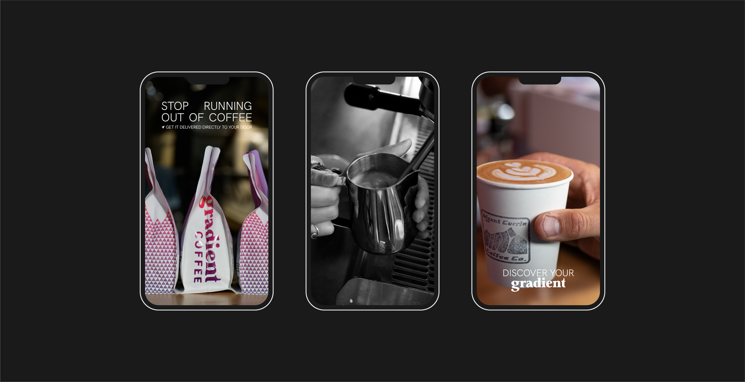 Three mobile screens showing Gradient Coffee content: packaged coffee for delivery, milk being steamed, and a latte with “Discover your gradient” text.
