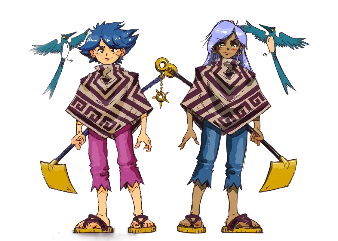 Two animated characters with blue and purple hair, each holding a yellow-bladed axe, wearing matching patterned cloaks, with two blue birds flying near them.