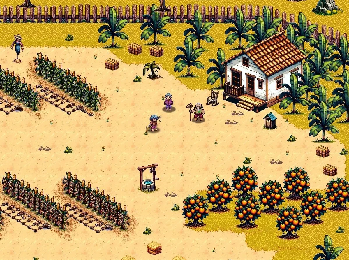 A pixel art farm scene with a house, orange trees, banana trees, cornfield, and several characters standing outside.