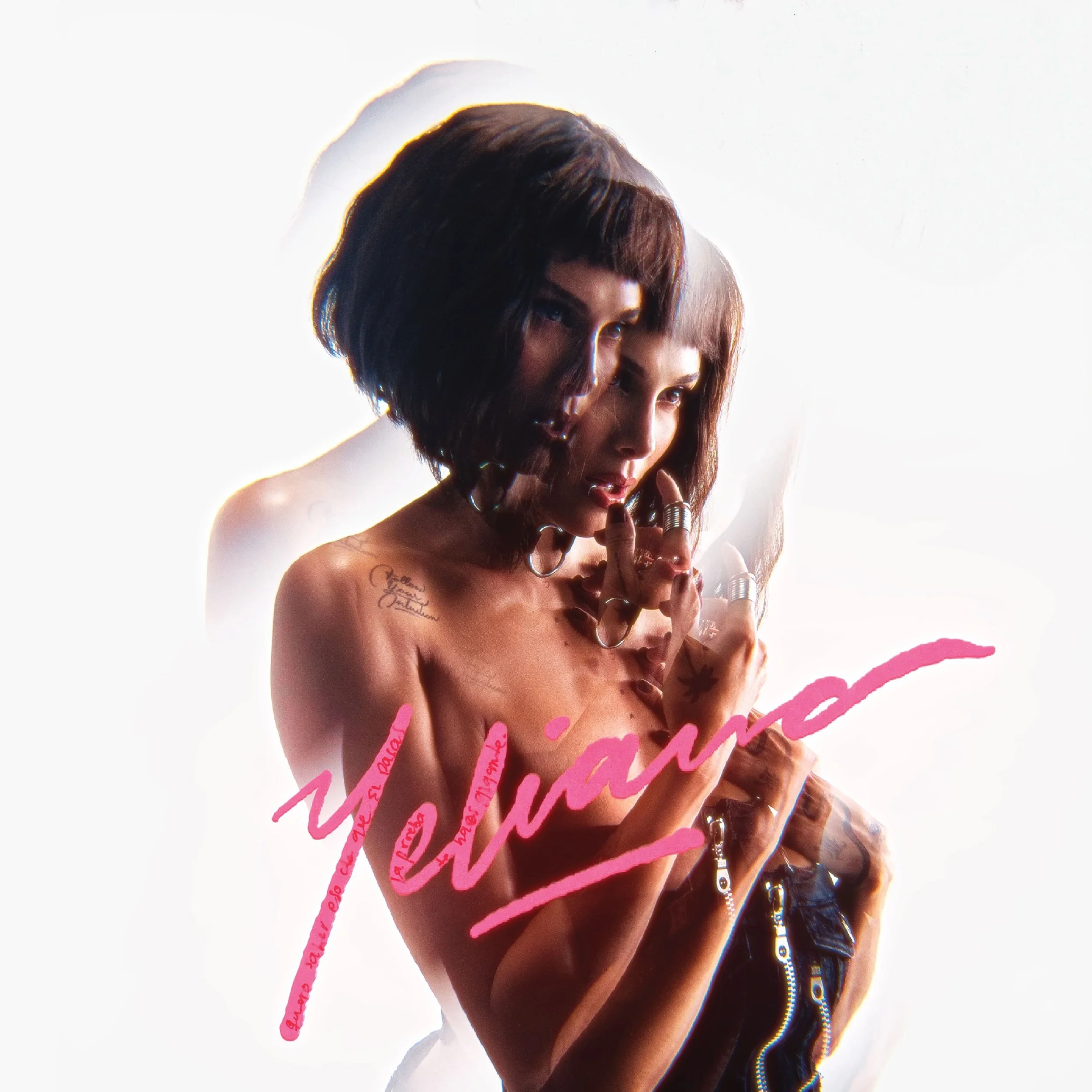 A woman with dark hair and tattoos on her shoulder and arm holding a zipper jacket, with a double exposure effect and pink stylized text reading 'Yeliana'.