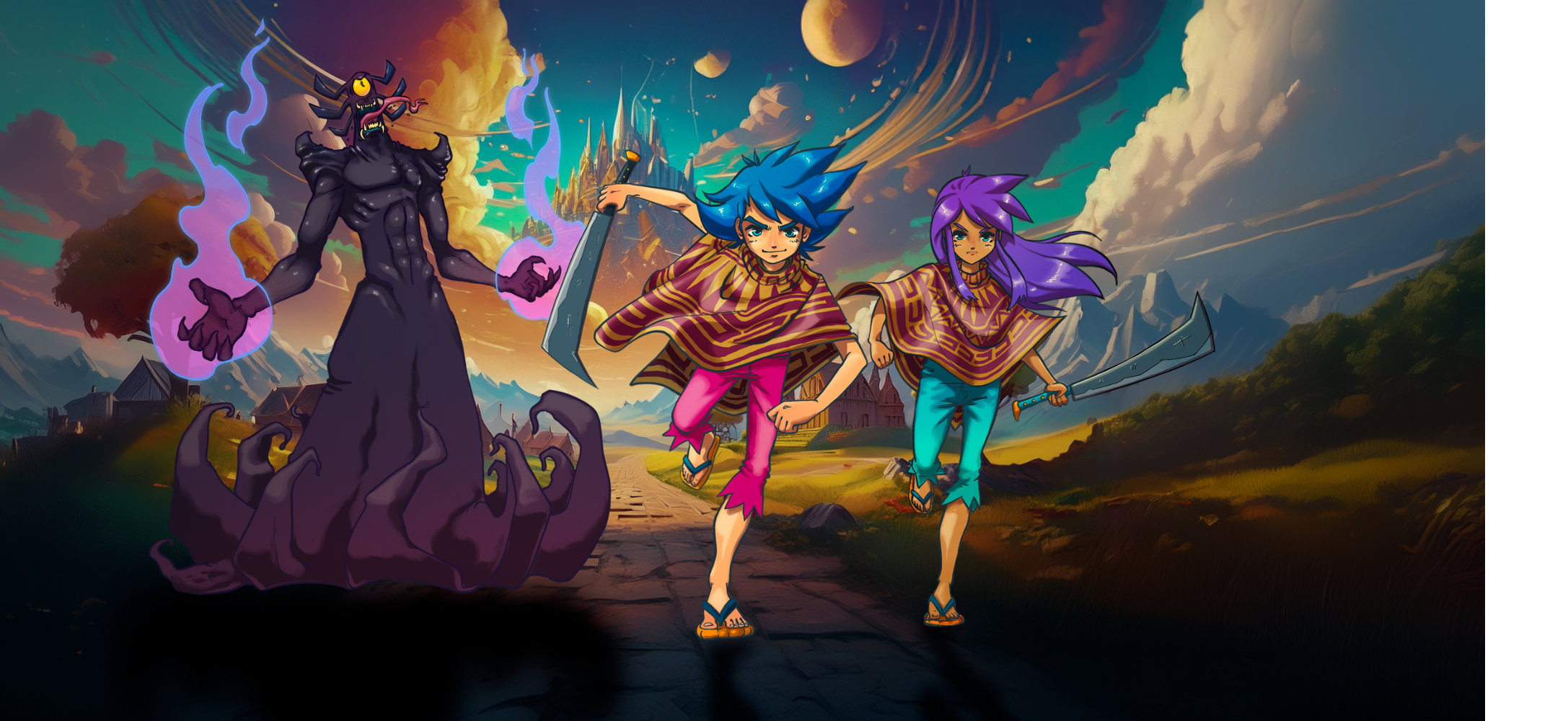 Anime-style illustration of two young warriors, a boy with blue hair and a girl with purple hair, running with weapons in hand, away from a large dark monster with horns, multiple arms, and glowing purple energy, set in a fantasy landscape with mountains, a castle, and a sunset sky.