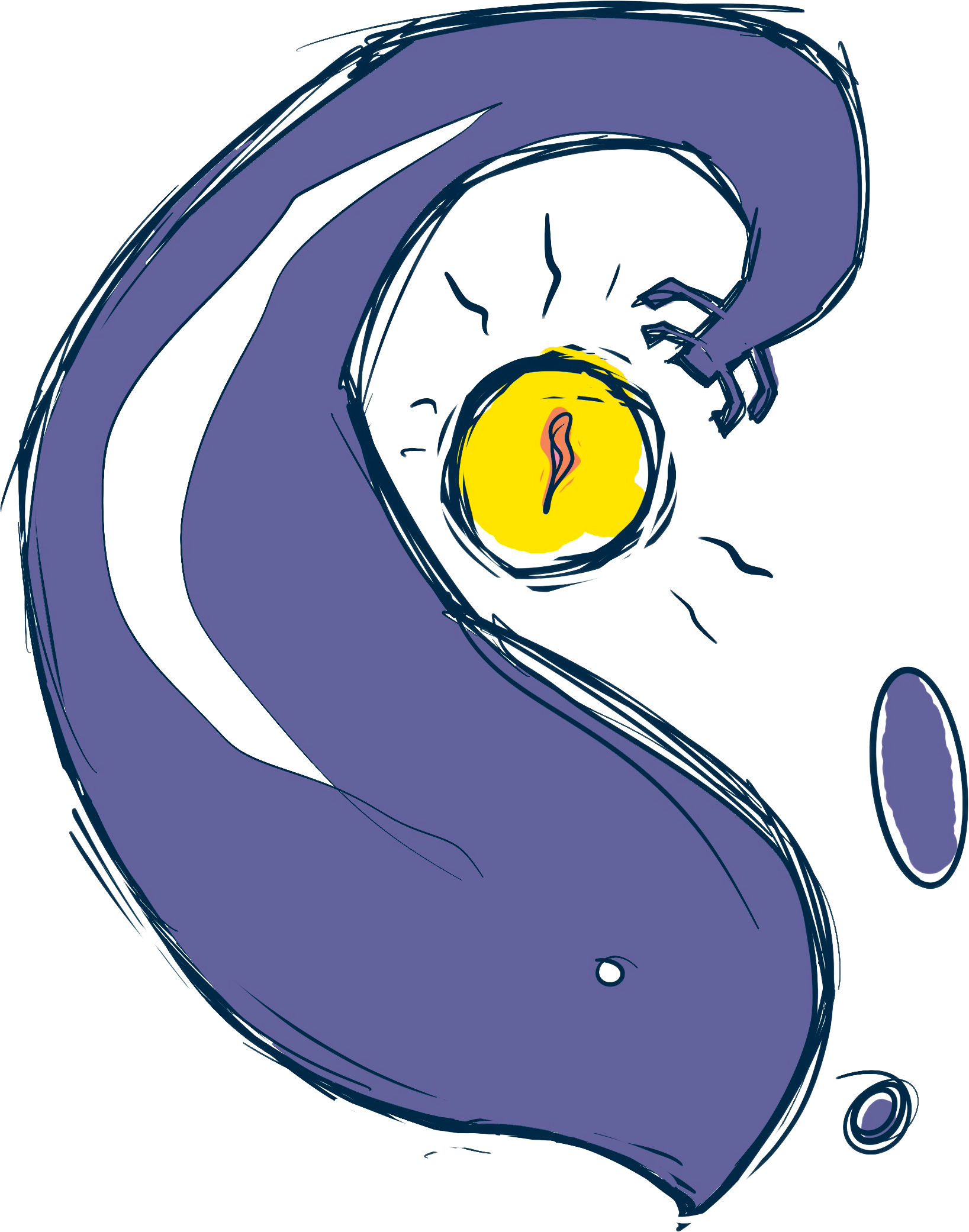 A stylized drawing of a large, purple dinosaur with a long neck, holding a yellow piece of fruit with a seed in the middle.