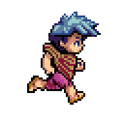 Pixel art character with spiky blue hair, wearing a striped scarf and purple pants, walking or running.