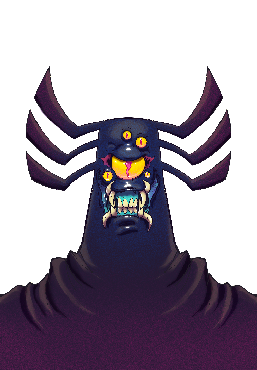A dark, menacing creature with multiple eyes, sharp teeth, and spider-like limbs, featuring a monstrous face with glowing eyes and a wide, toothy mouth.