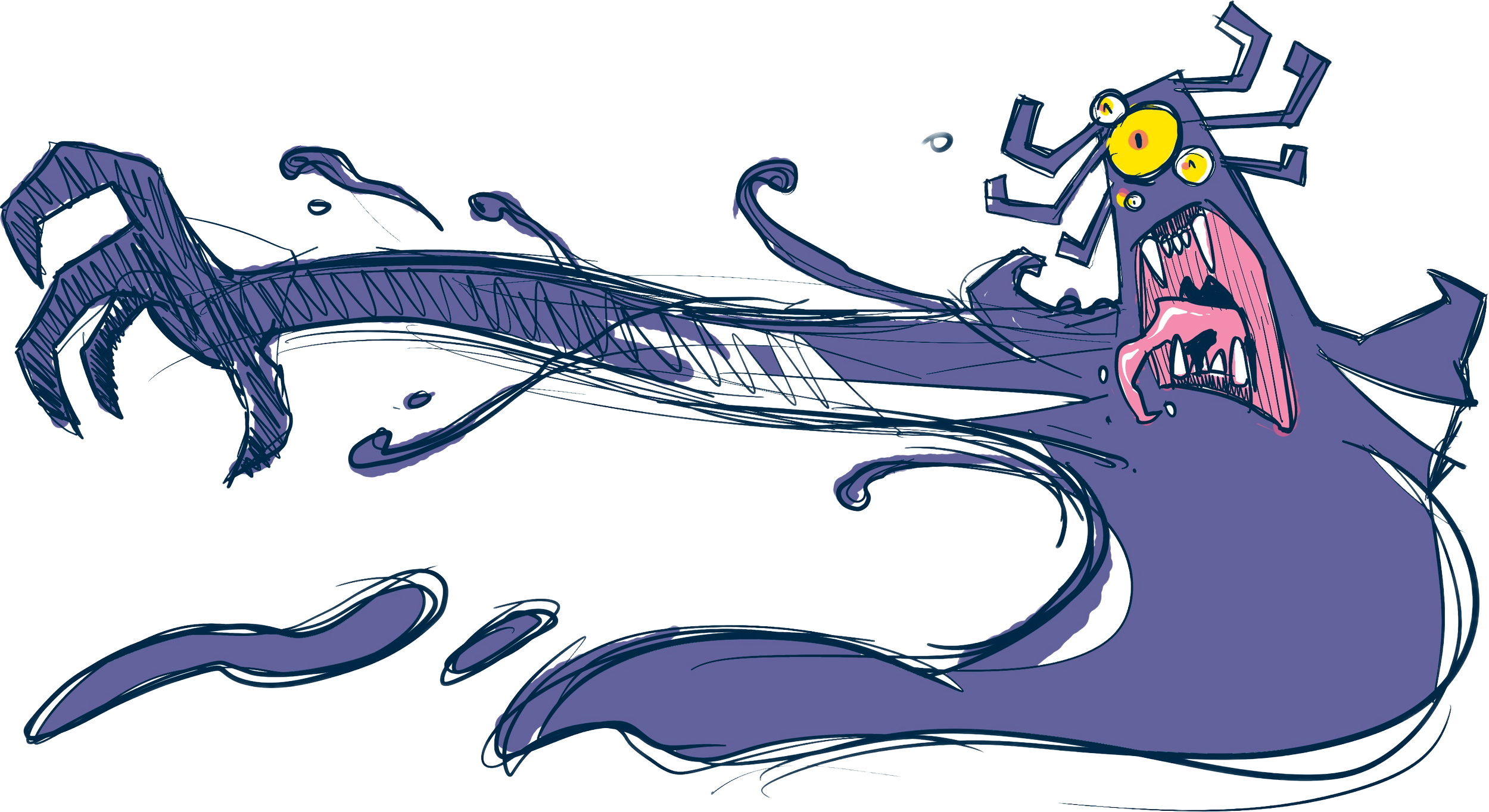 A cartoonish illustration of a monstrous sea creature with a long, serpentine body, multiple limbs, and a large head with sharp teeth and calls. Its eyes are yellow and round, and its skin is purple with darker shading. The creature appears aggressive or scared, with its mouth open and claws extended.