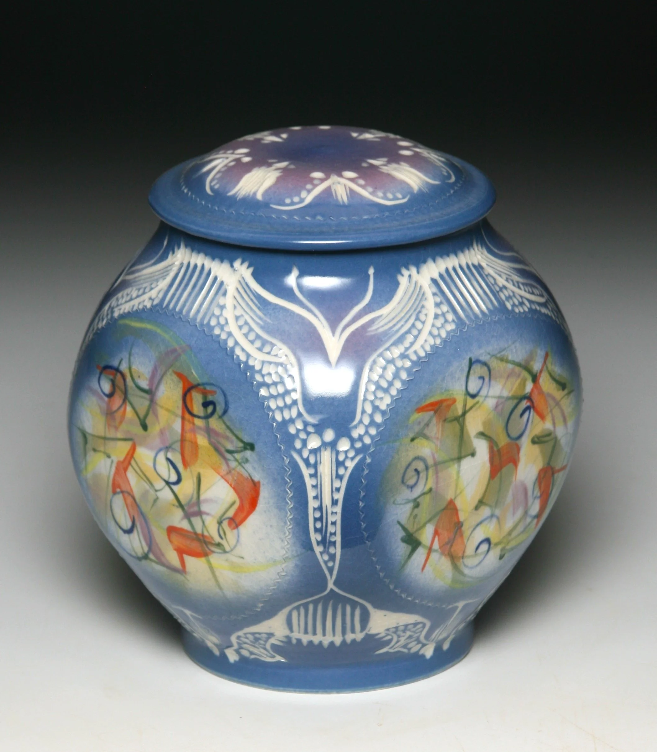 Four Sided Light Blue Carved Jar