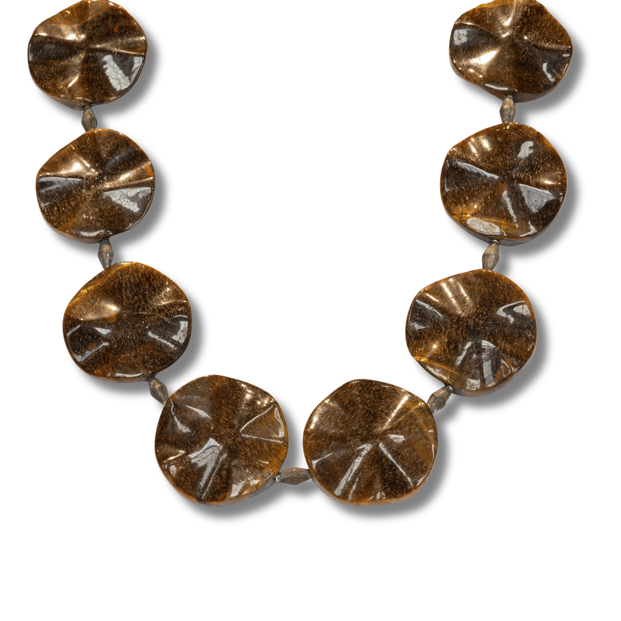 Faceted Tiger Eye Disk Shape and Gold Beads Necklace eith a Gold-Plated Clasp