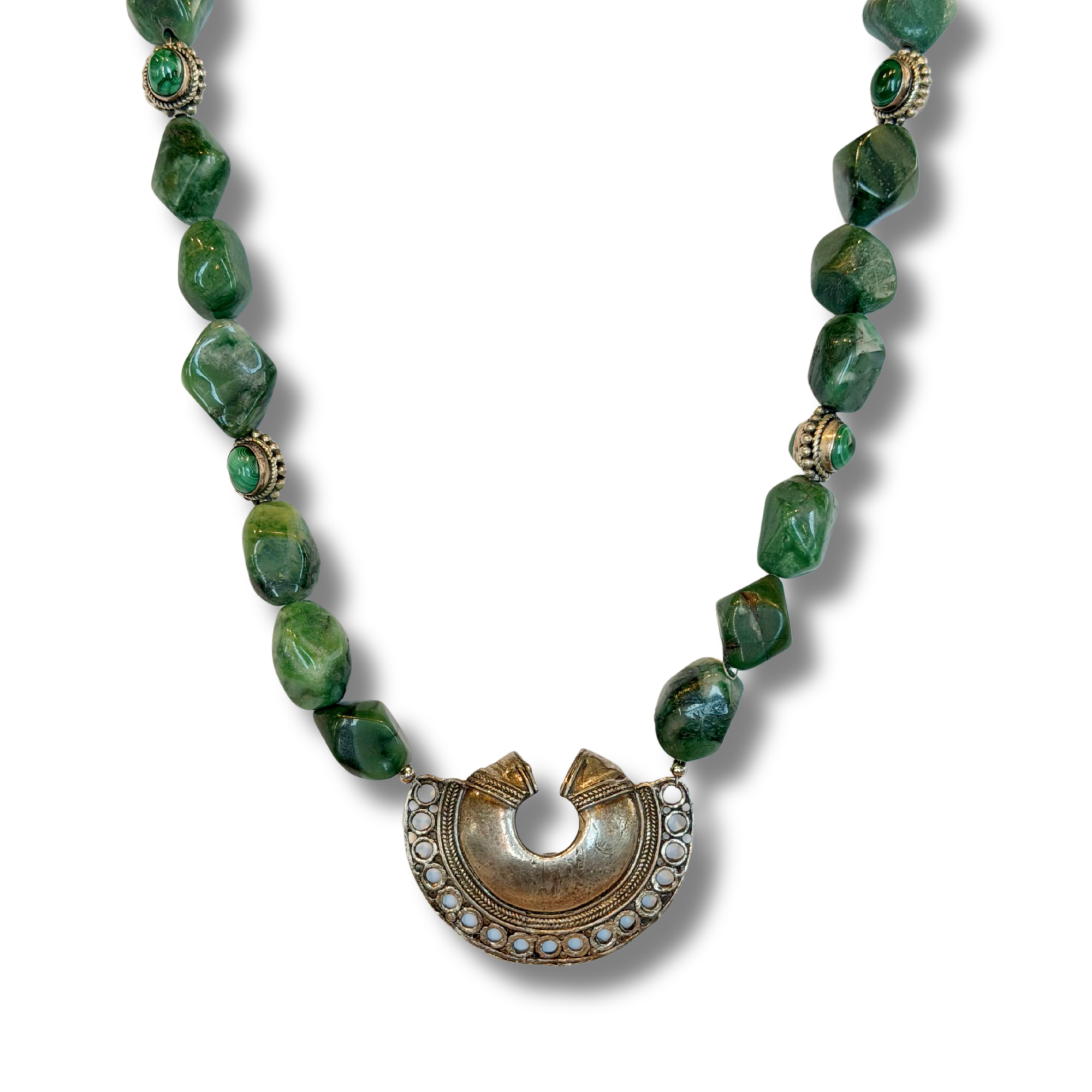 Green Mexican Jasper and Silver and Malachite Spacers Necklace with a Silver Precolombian Nariguera Pendant with a Silver Clasp