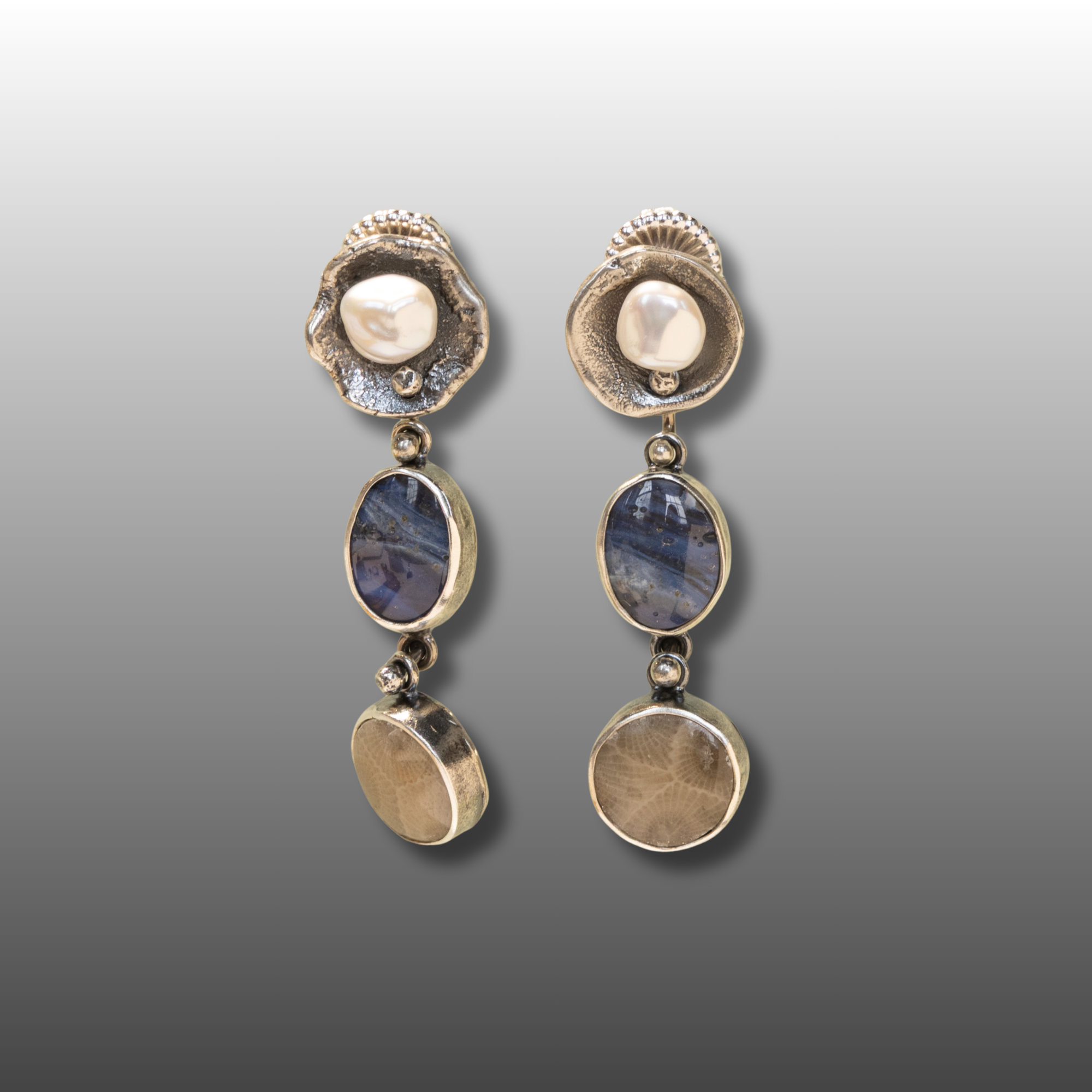 Petoskey Stone, Leland Blue Pearl, and Sterling Silver Earrings