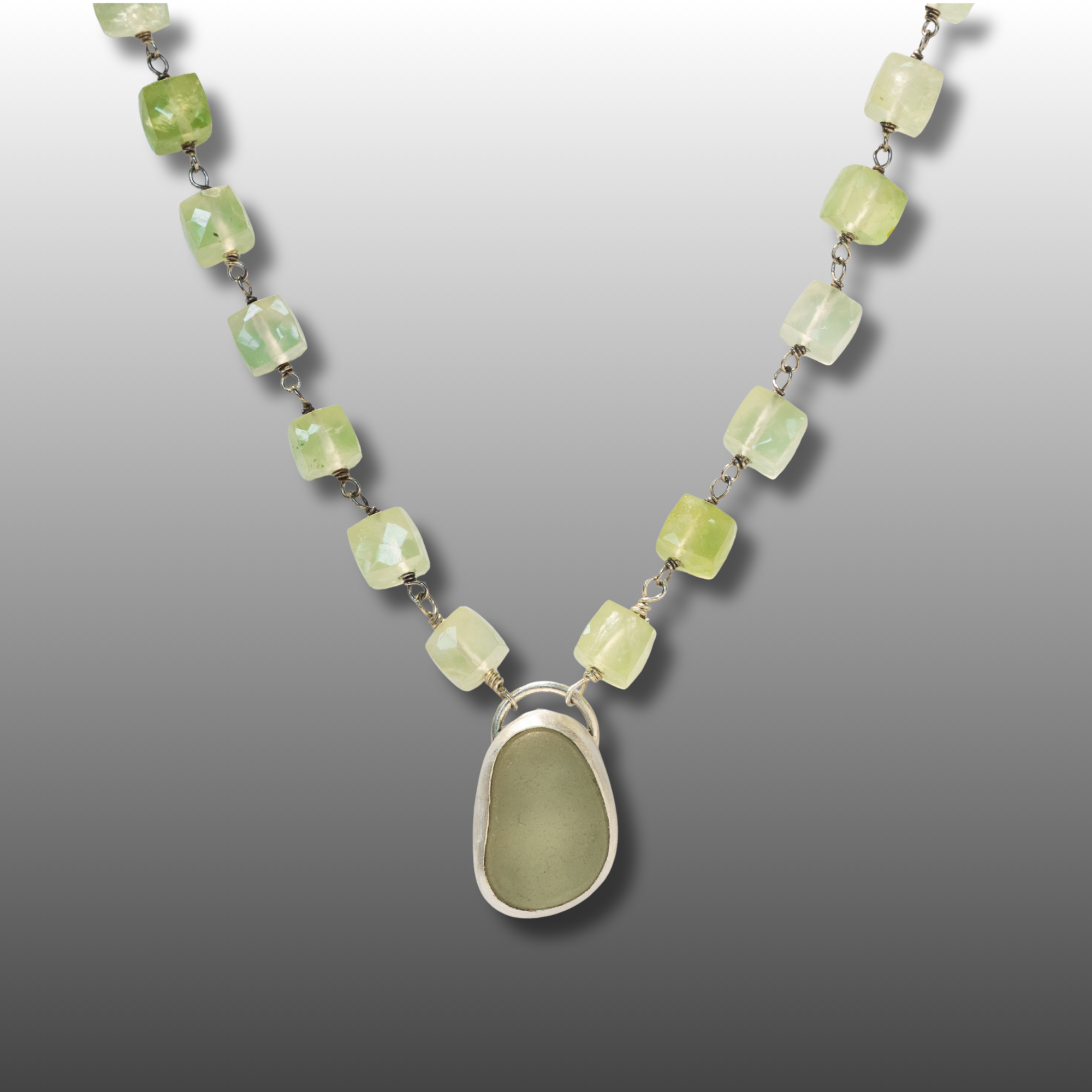 Prehnite Bead Cubes & Lake Erie Beach Glass Necklace