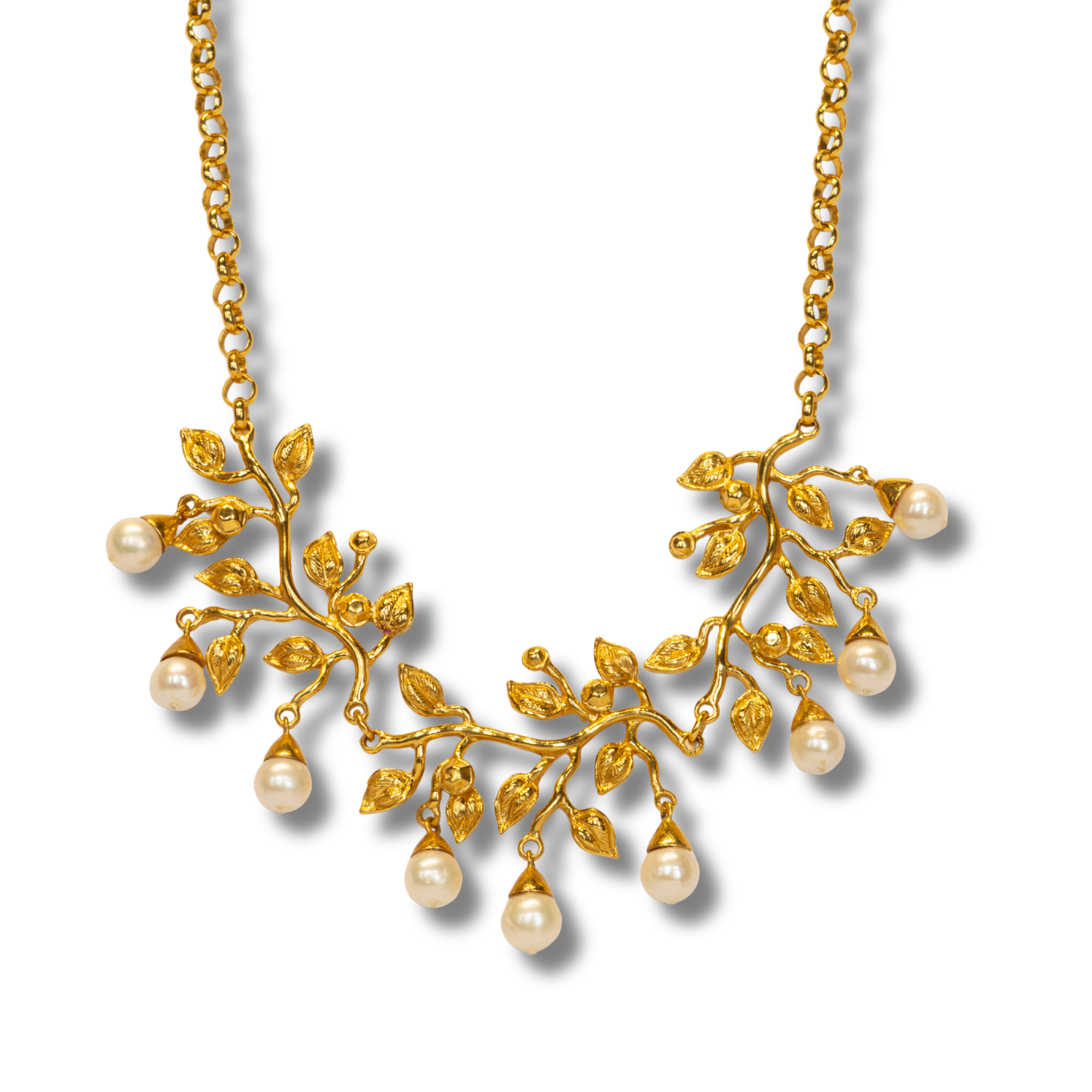 18k Yellow Gold-Plated leaf design necklace with pearls.