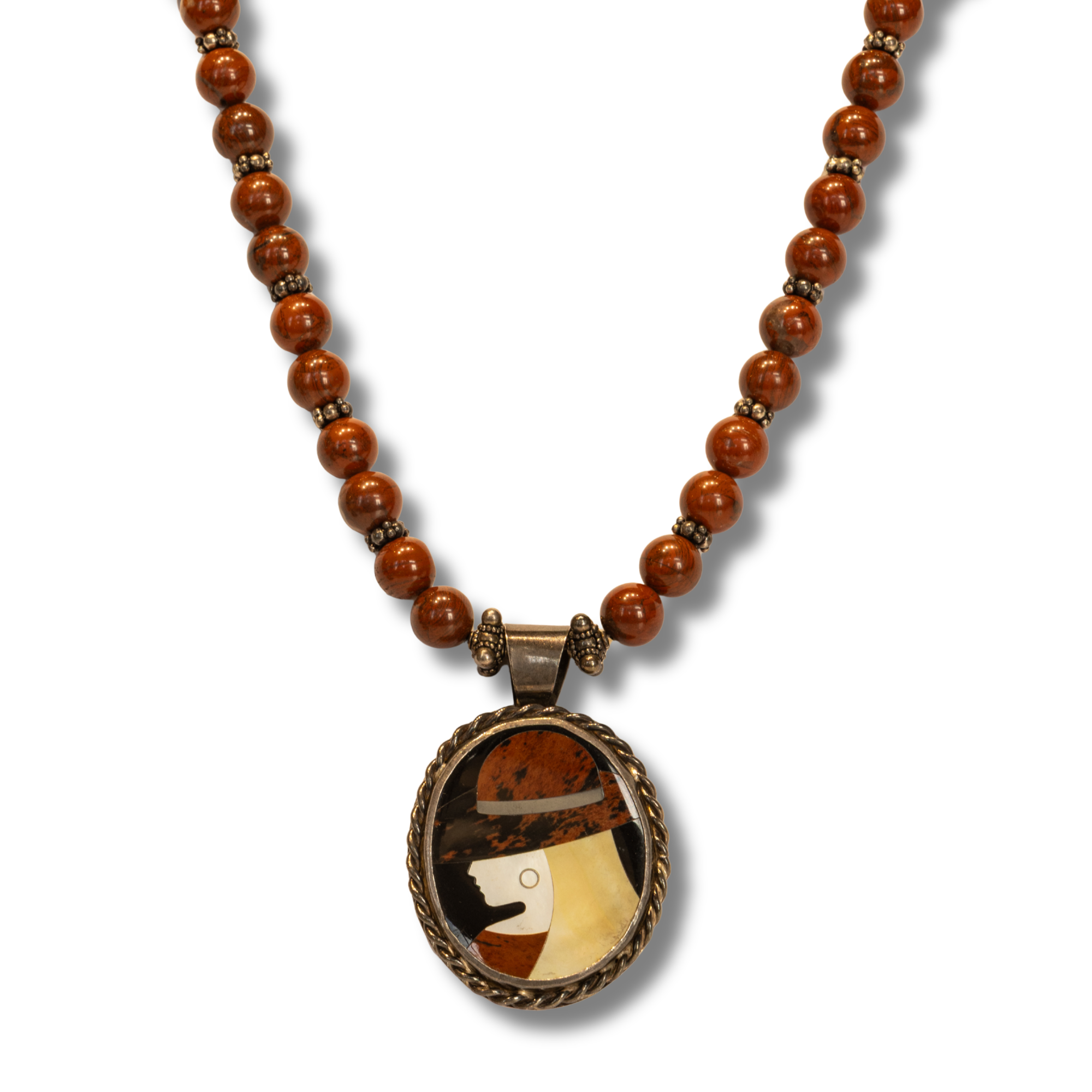 Red Jasper and Silver Necklace with Inlayed Russian Intarsia of Mother of Pearl Pendant