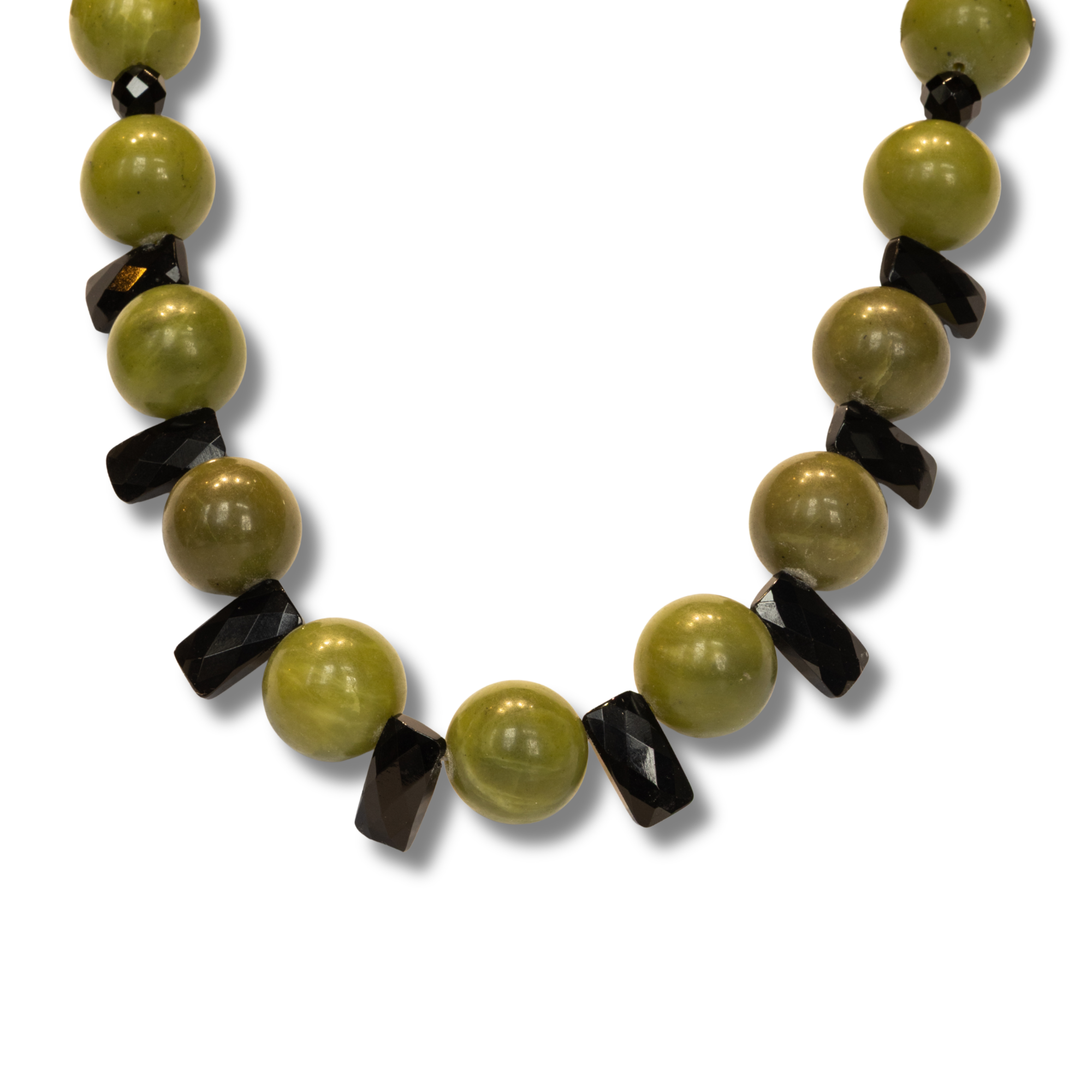 Green Unakite Beads and Faceted Black Onyx Necklace and a Gold-Plated Clasp