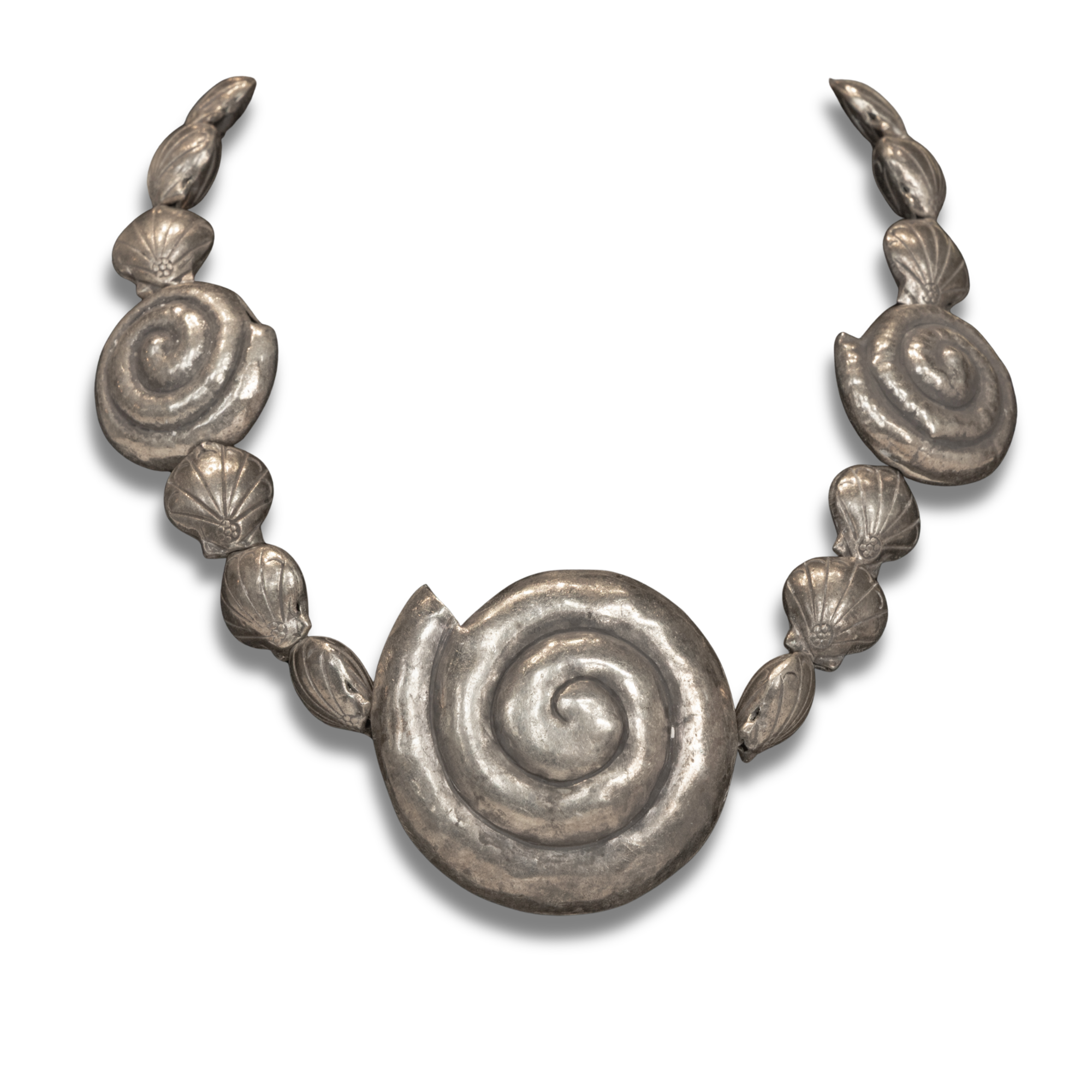 Sterling Silver Shells Beaded Necklace with 3 Snail Shape Pendants and a Silver Clasp