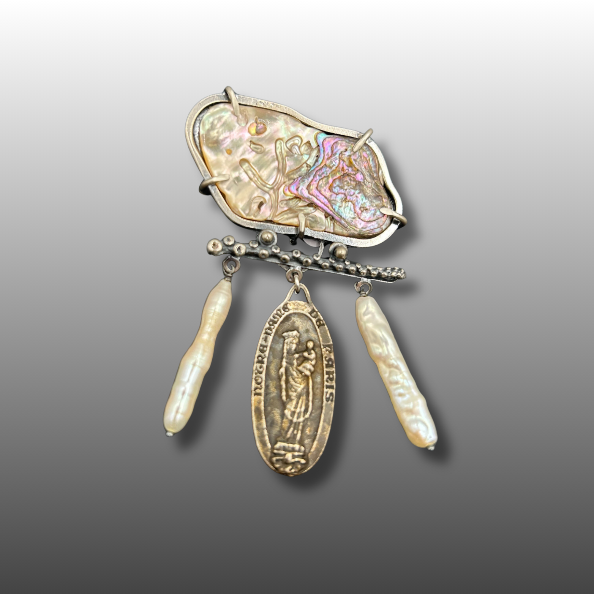 Mother of Pearl/pearl sticks/vintage medallion brooch